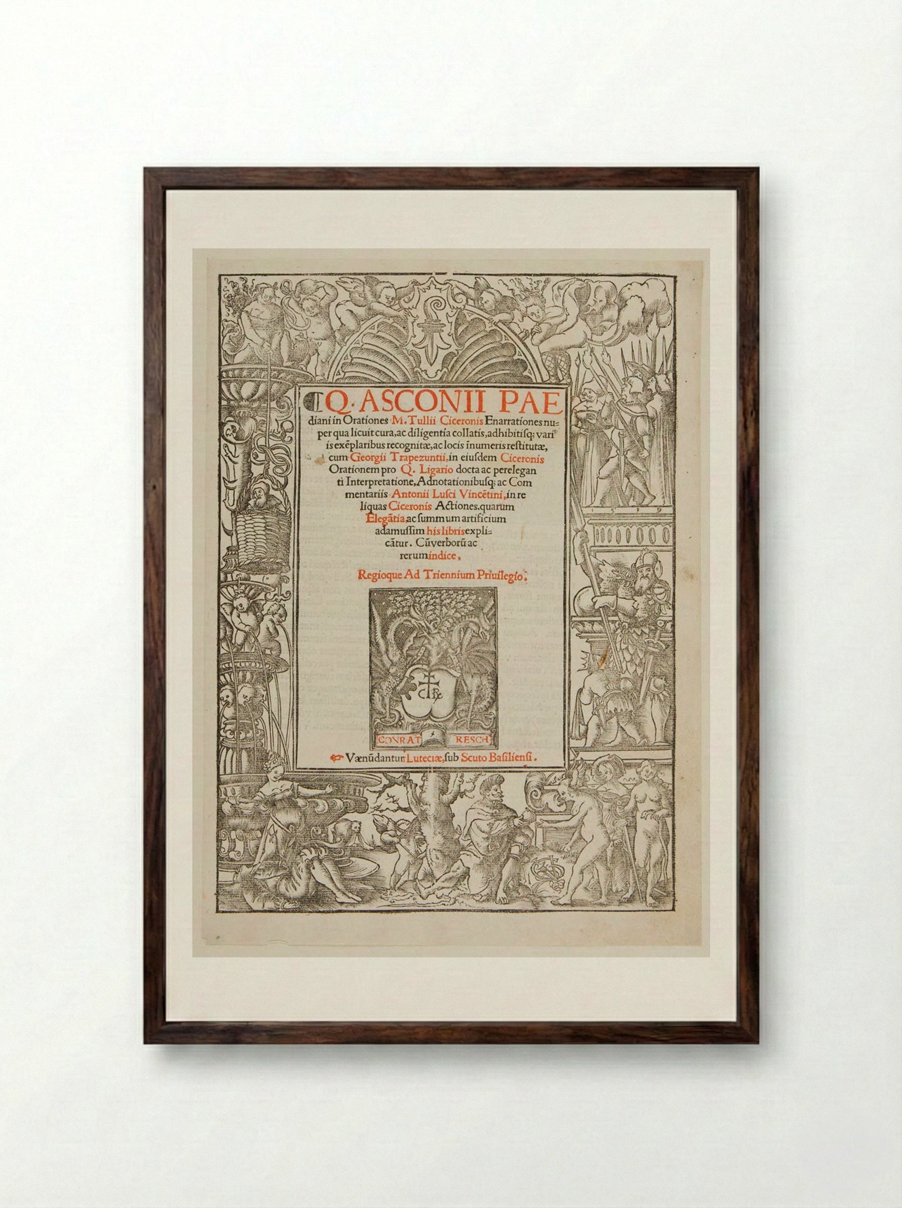 Title-Border with Pyramus and Thisbe, Judgment of Paris, etc. - Urs Graf - Framed Print Dark Wood