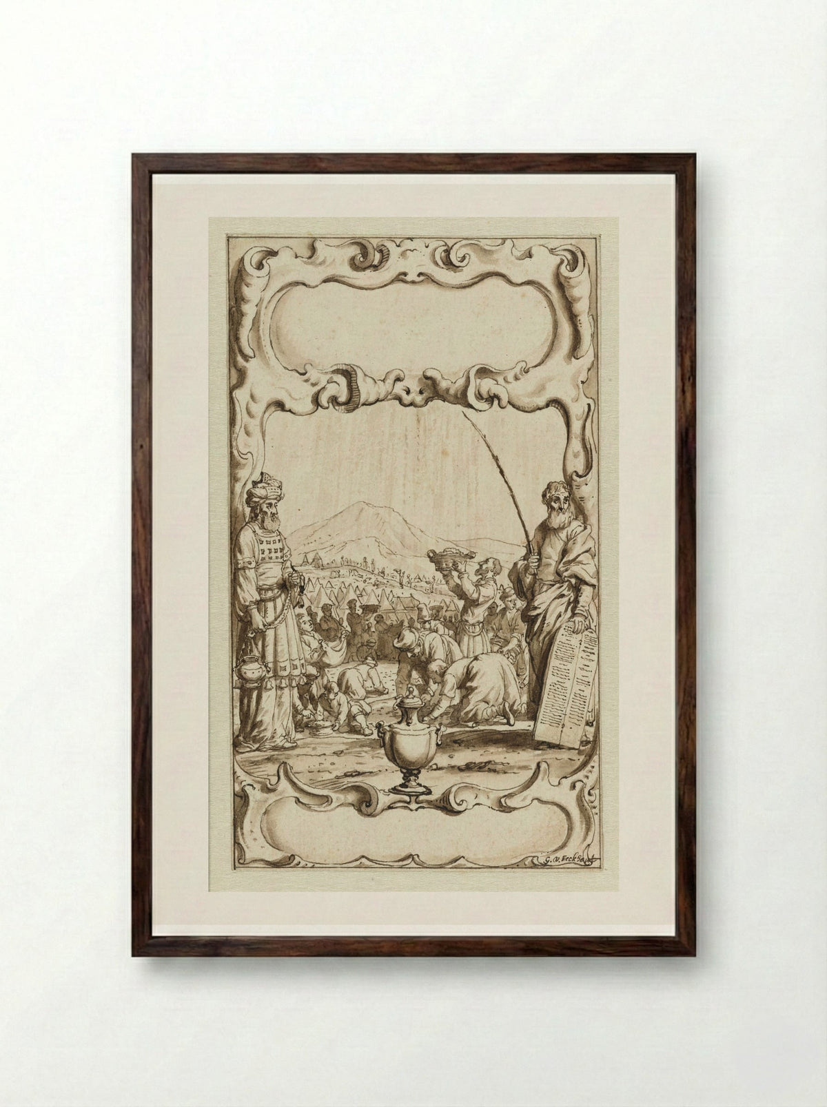 Title Page Design with the Gathering of Manna - Gerbrand van den Eeckhout - Framed Print Dark Wood