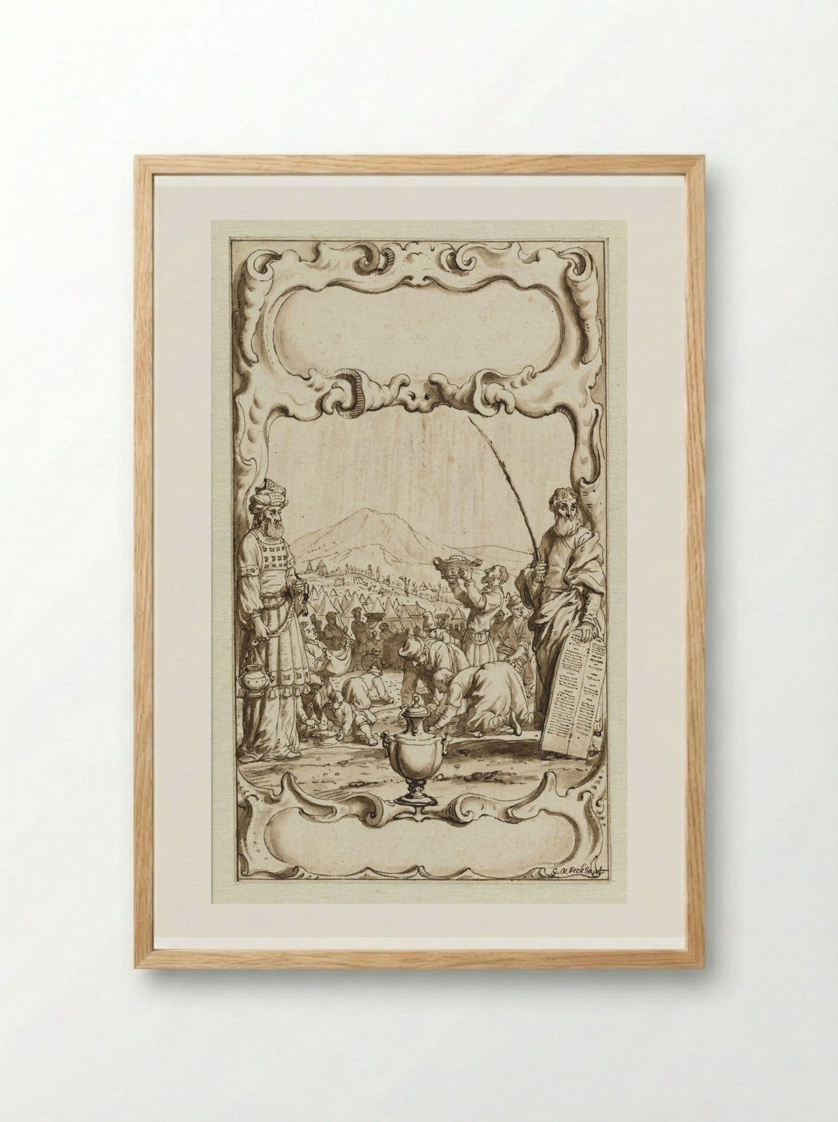 Title Page Design with the Gathering of Manna - Gerbrand van den Eeckhout - Framed Print Wood