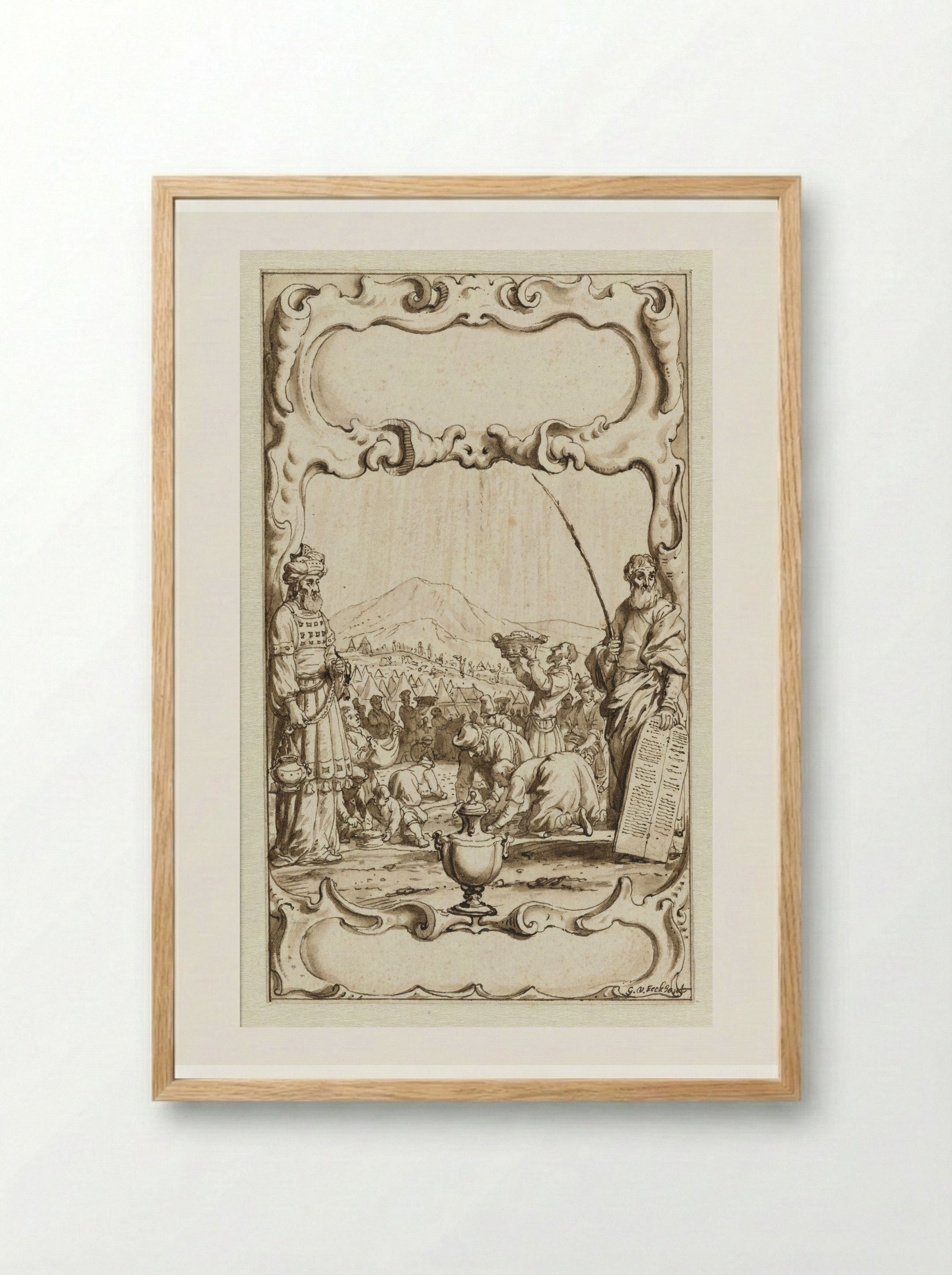 Title Page Design with the Gathering of Manna - Gerbrand van den Eeckhout - Framed Print Wood