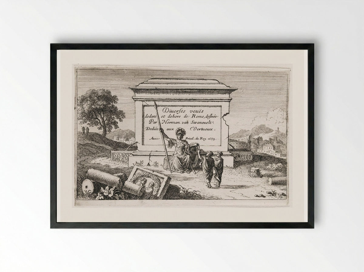 Title-Page (Diveres veuës dedans et dehors de Rome) - Herman van Swanevelt - Framed Print Black
