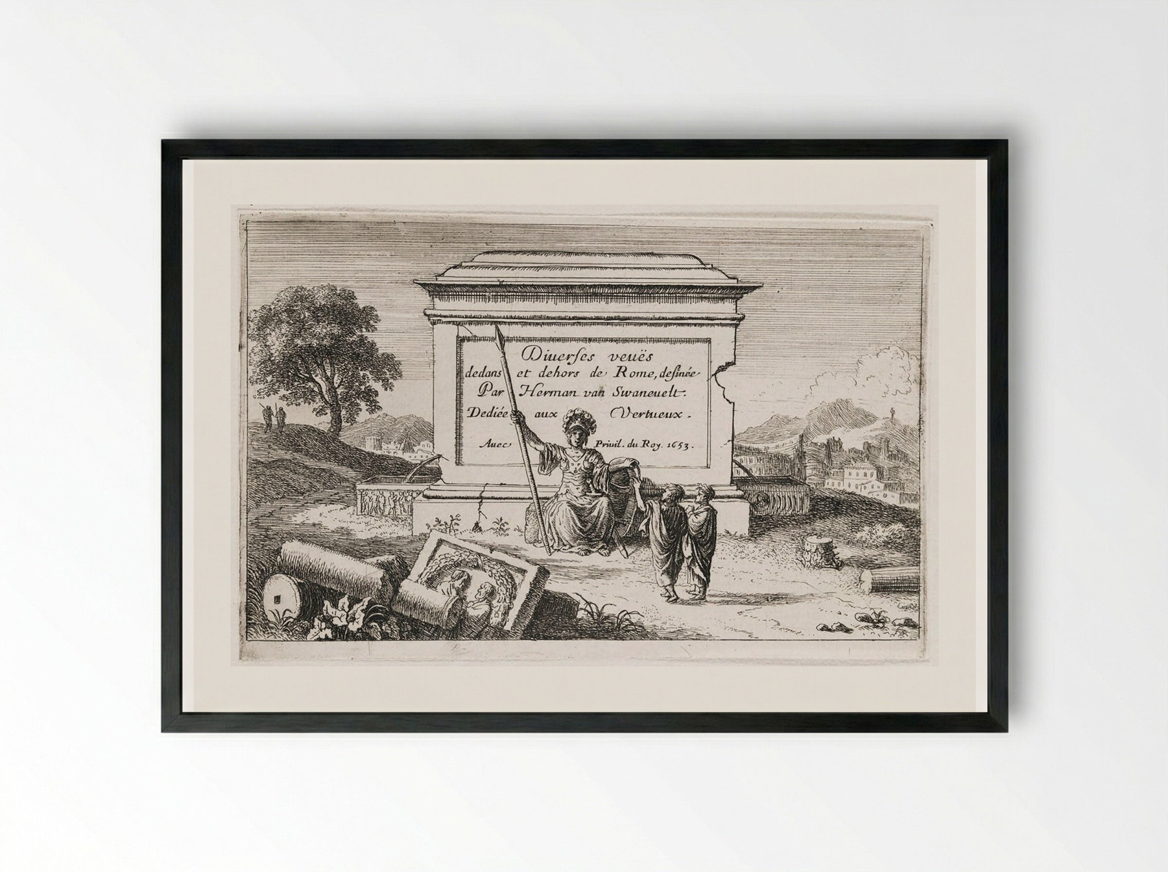 Title-Page (Diveres veuës dedans et dehors de Rome) - Herman van Swanevelt - Framed Print Black
