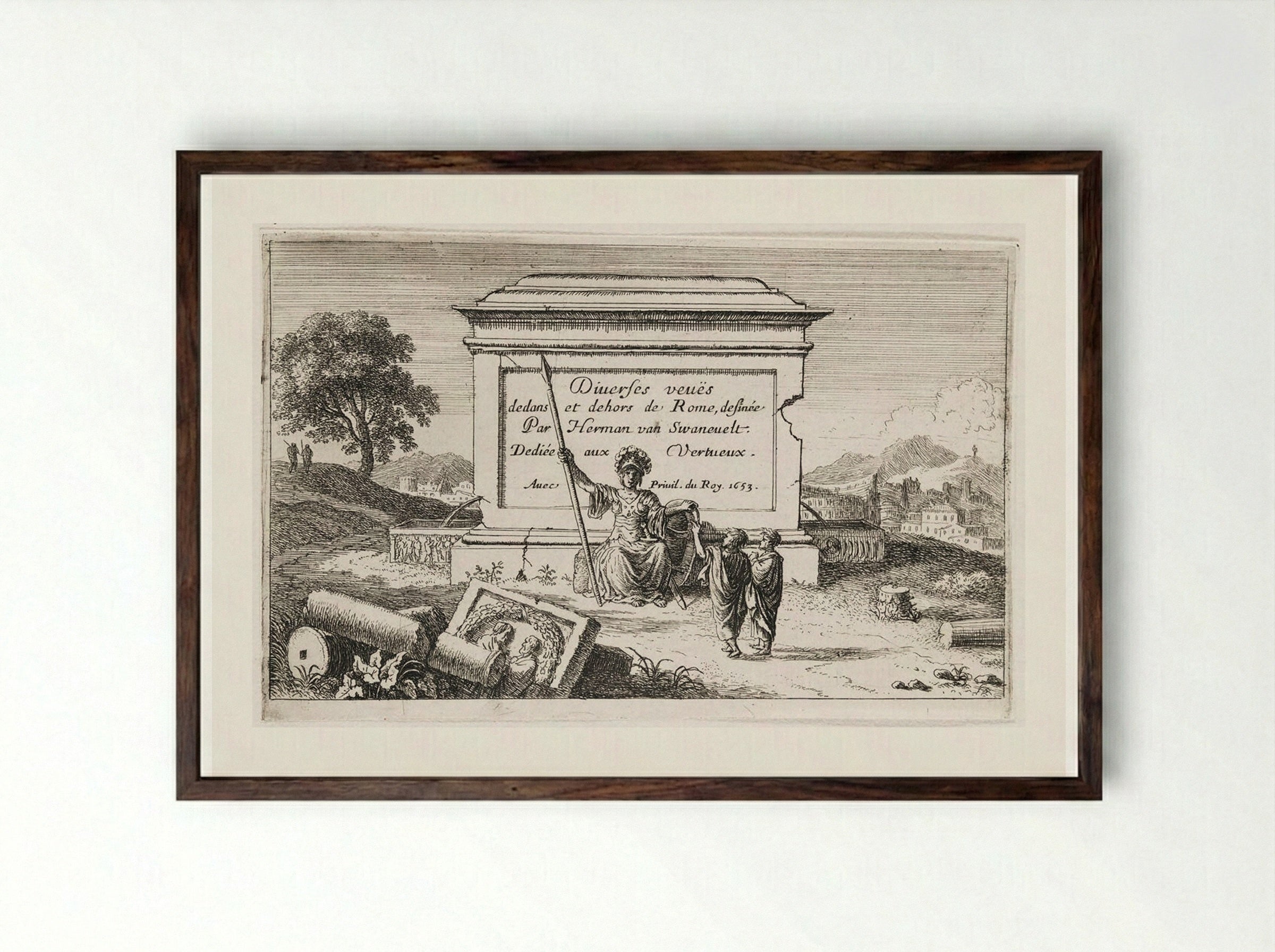 Title-Page (Diveres veuës dedans et dehors de Rome) - Herman van Swanevelt - Framed Print Dark Wood