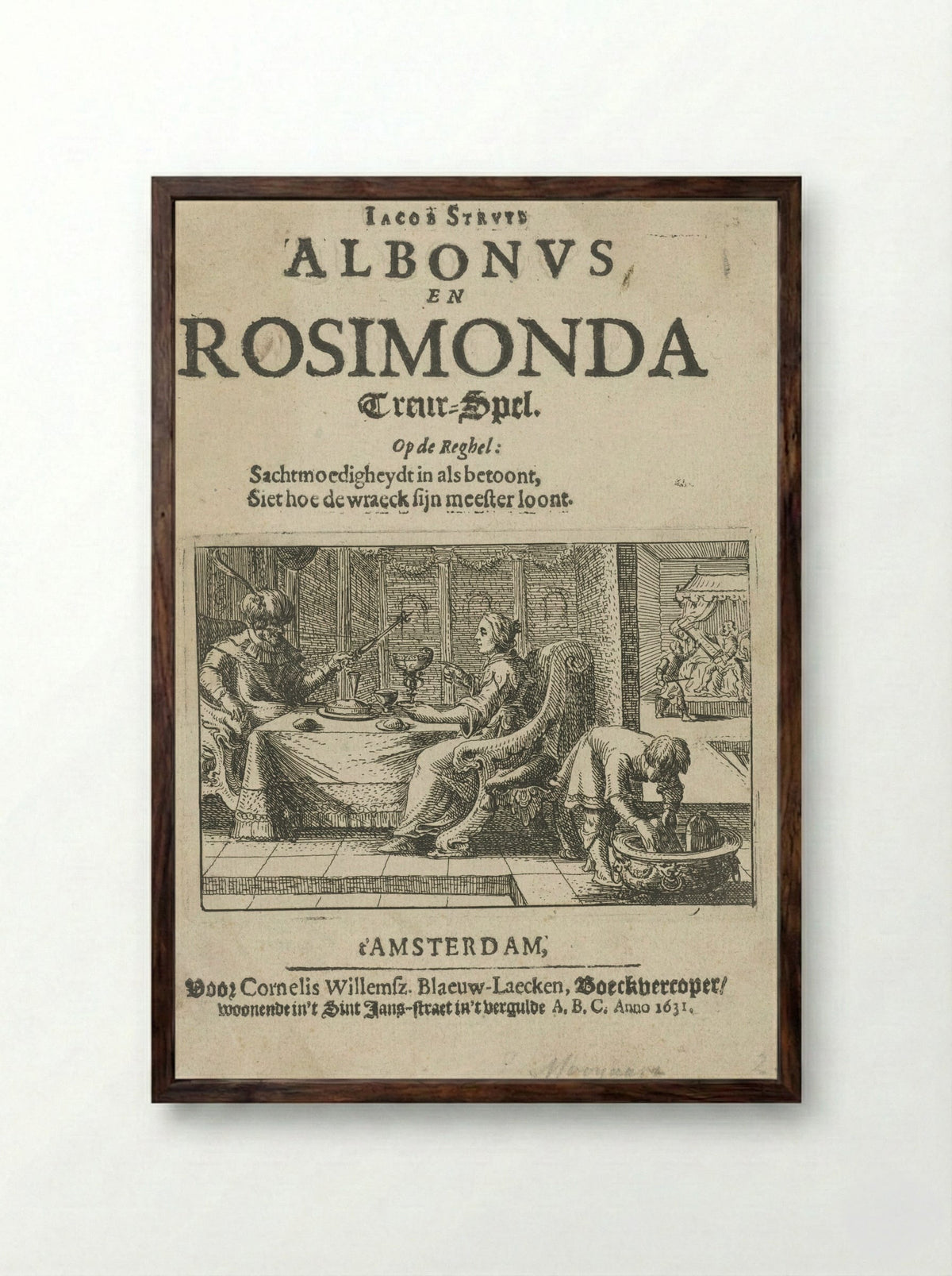 Title Page for Albonus en Rosimonda - Nicolaes Moeyaert - Framed Print Dark Wood