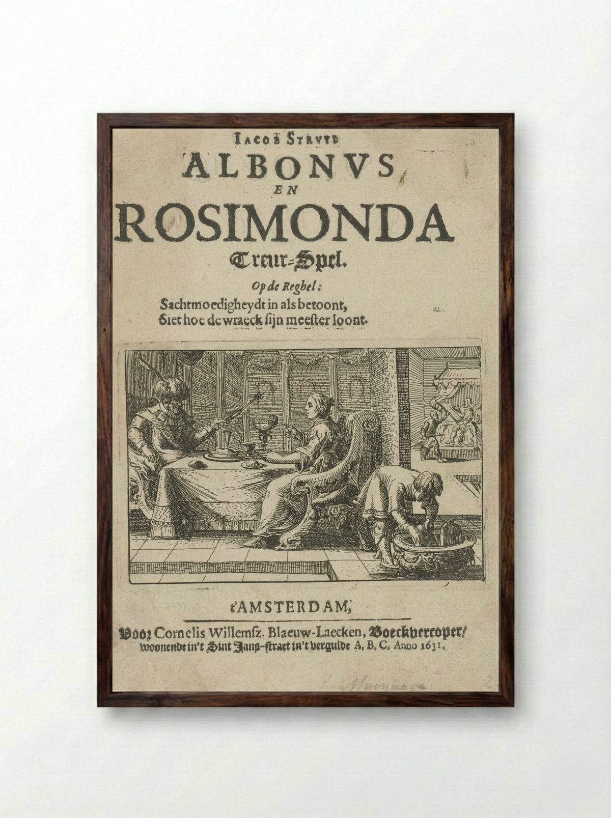 Title Page for Albonus en Rosimonda - Nicolaes Moeyaert - Framed Print Dark Wood