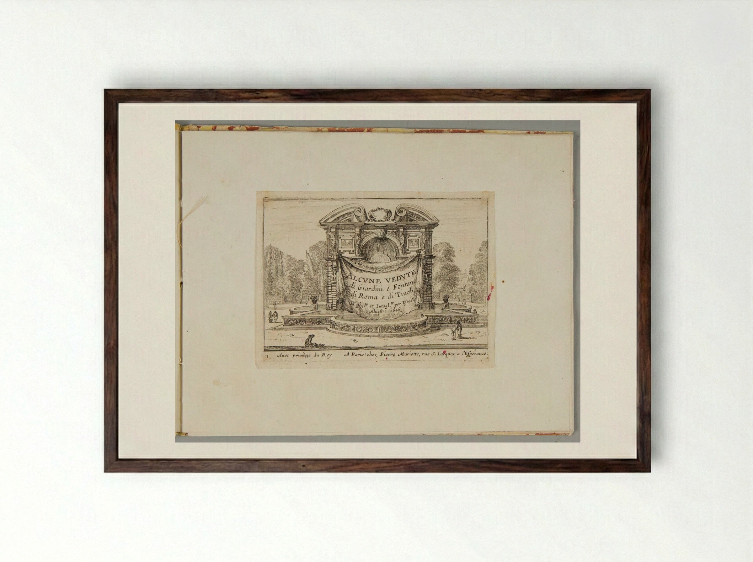 Title Page for Alcune Vedute di Giardini e Fontane di Roma e di Tivoli - Israël Silvestre - Framed Print Dark Wood