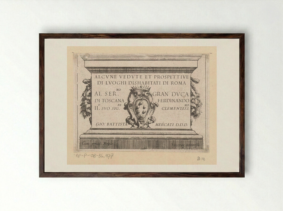 Title Page for Alcune Vedute et Prospettive di Luoghi Dishabitati di Roma - Giovanni Battista Mercati - Framed Print Dark Wood