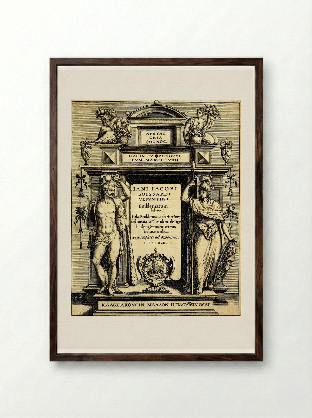 Title Page for Emblematum Liber - Theodor de Bry - Framed Print Dark Wood