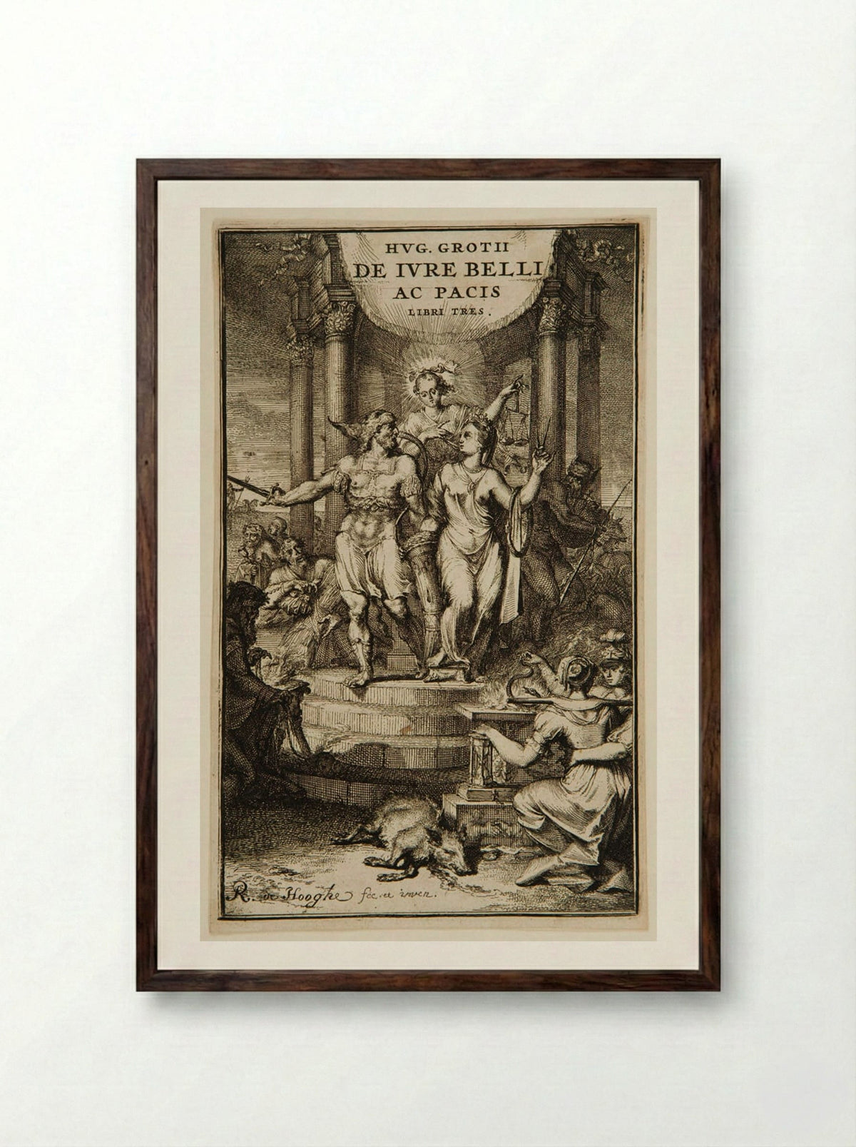 Title Page for Hugo Grotius' De Iure Belli ac Pacis - Romeyn de Hooghe - Framed Print Dark Wood
