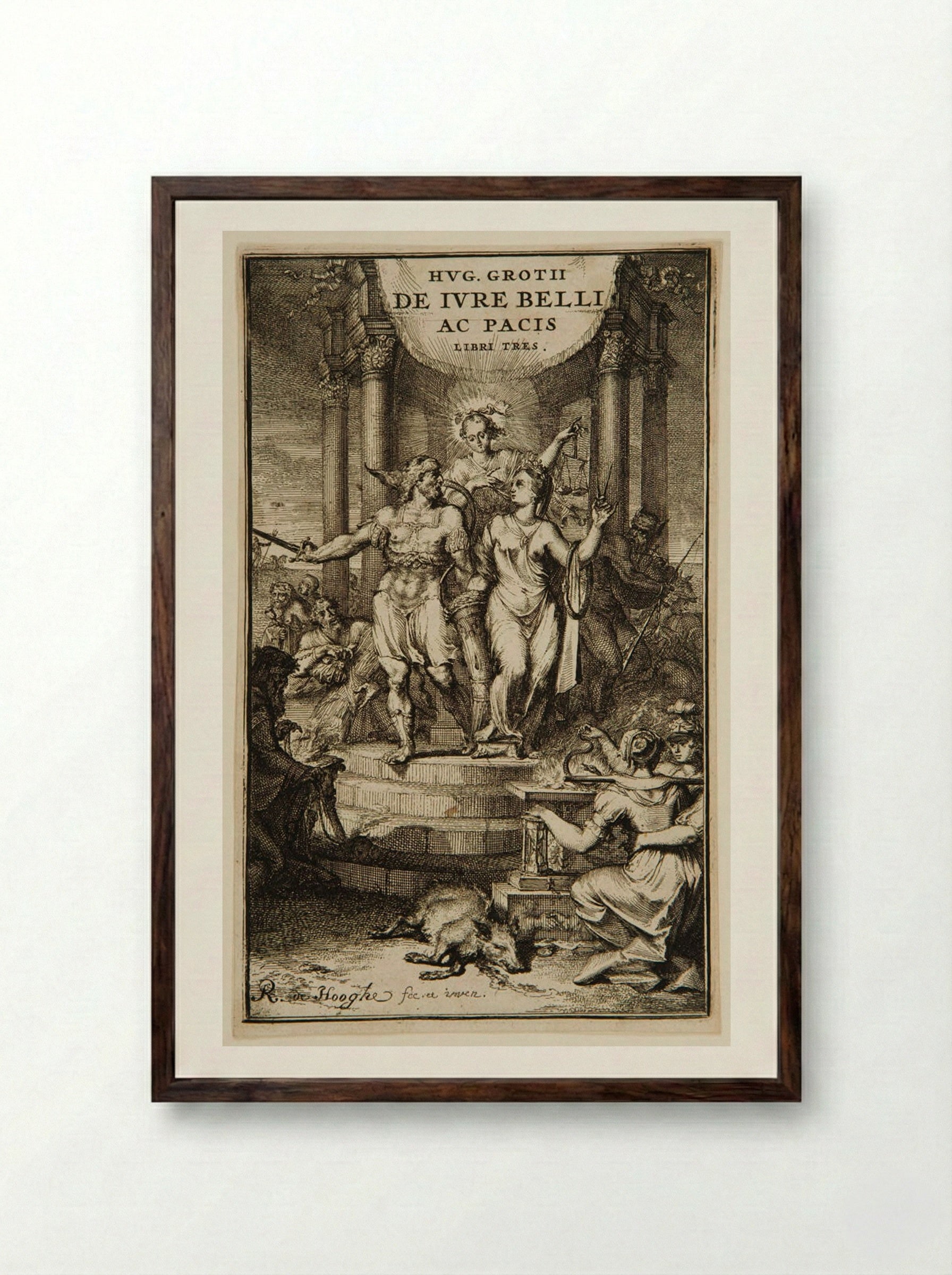 Title Page for Hugo Grotius' De Iure Belli ac Pacis - Romeyn de Hooghe - Framed Print Dark Wood