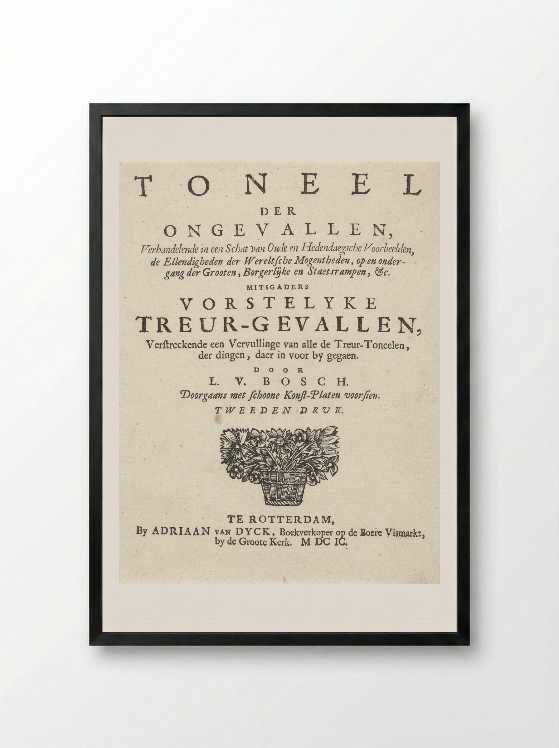 Title Page for L. van den Bos, Toneel der ongevallen - Arnold Houbraken - Framed Print Black