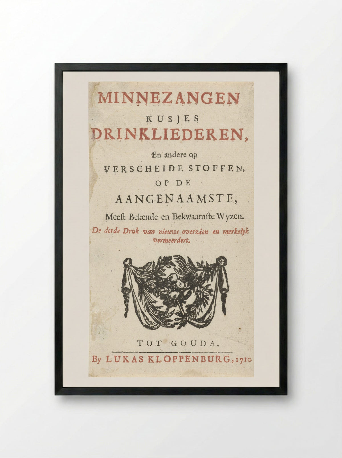 Title Page for Minnezangen, Kusjes, Drinkliederen - Arnold Houbraken - Framed Print Black
