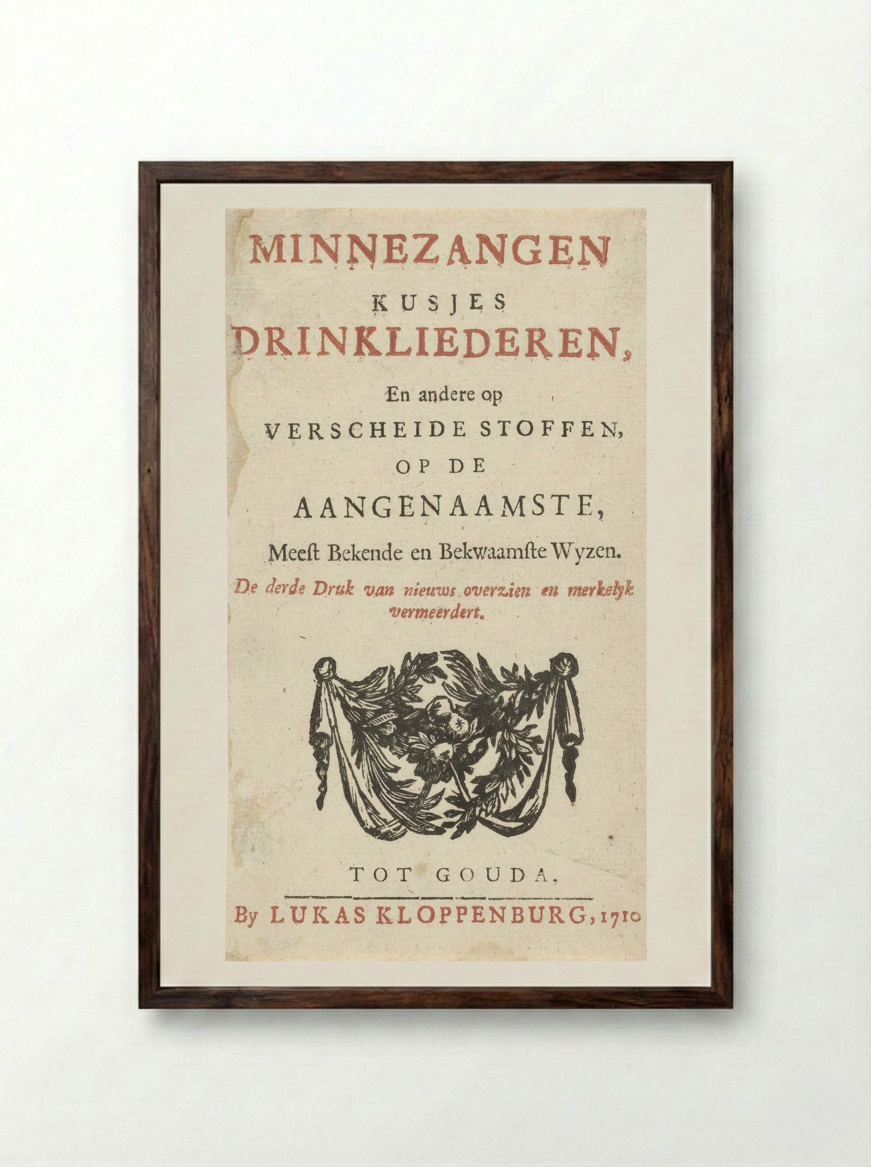 Title Page for Minnezangen, Kusjes, Drinkliederen - Arnold Houbraken - Framed Print Dark Wood