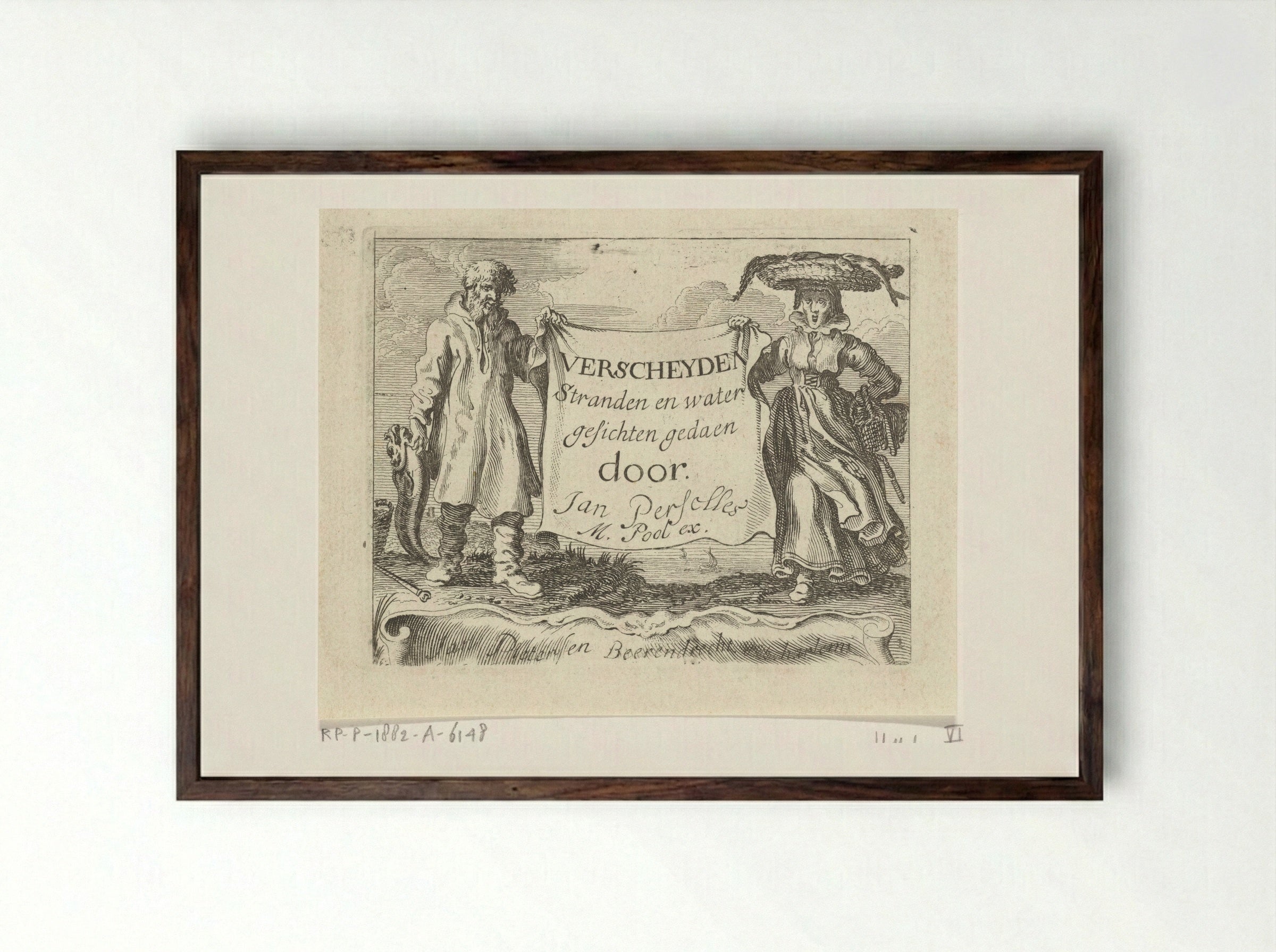 Title Page for 'Verscheyden Stranden en water gesichten' - Gillis van Scheyndel (I) - Framed Print Dark Wood