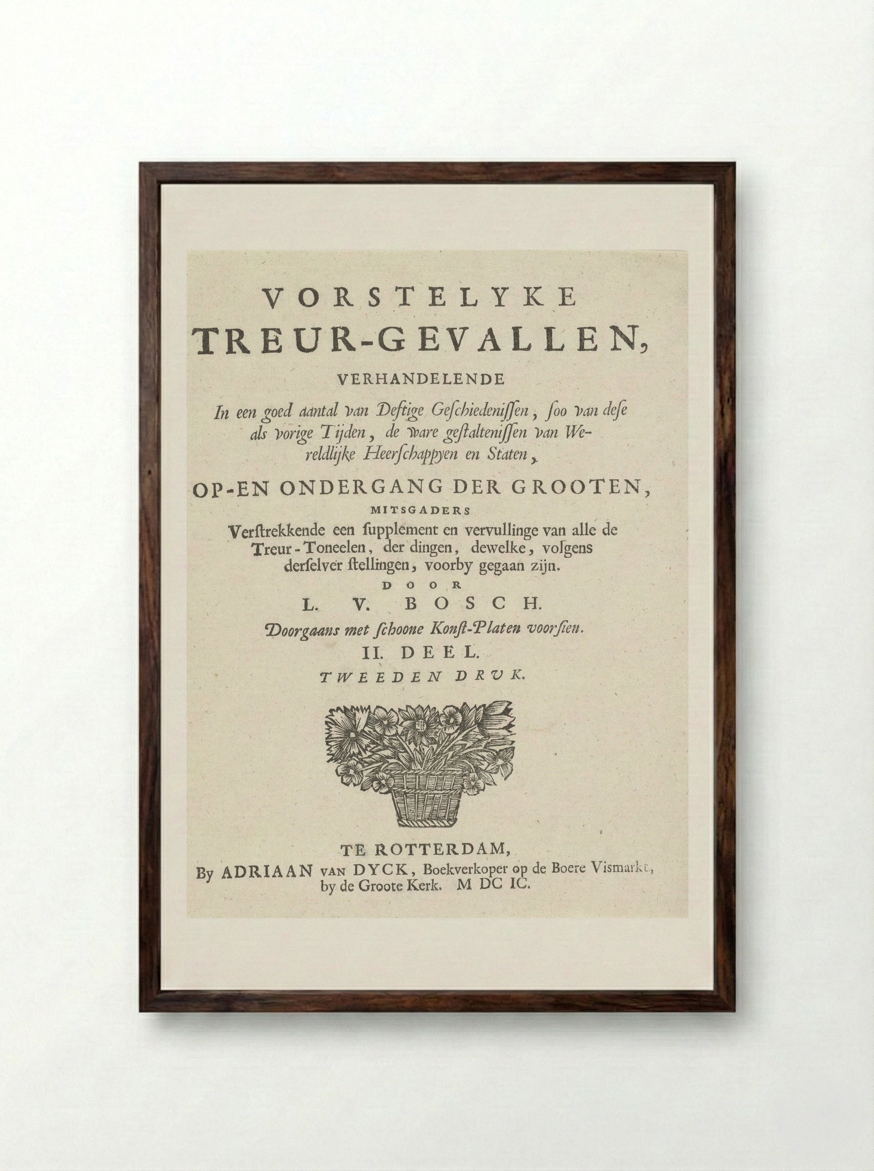 Title Page for Vorstelycke Treur-gevallen - Arnold Houbraken - Framed Print Dark Wood