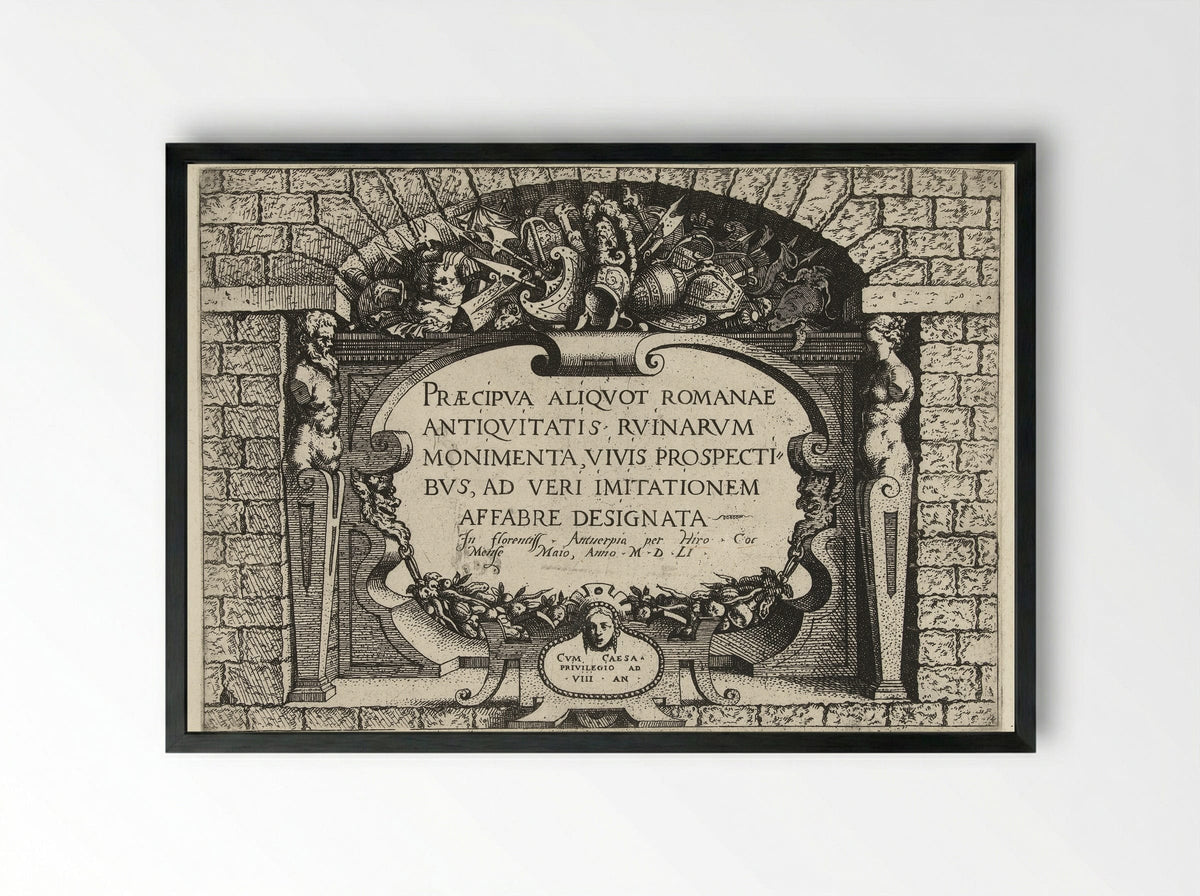 Title Page for a Series of Roman Ruins - Hieronymus Cock - Framed Print Black