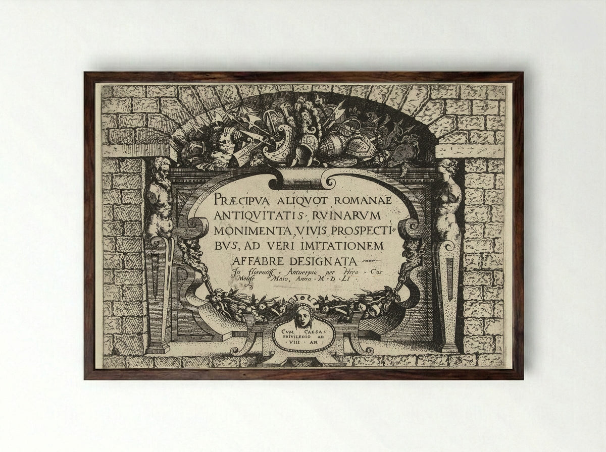 Title Page for a Series of Roman Ruins - Hieronymus Cock - Framed Print Dark Wood