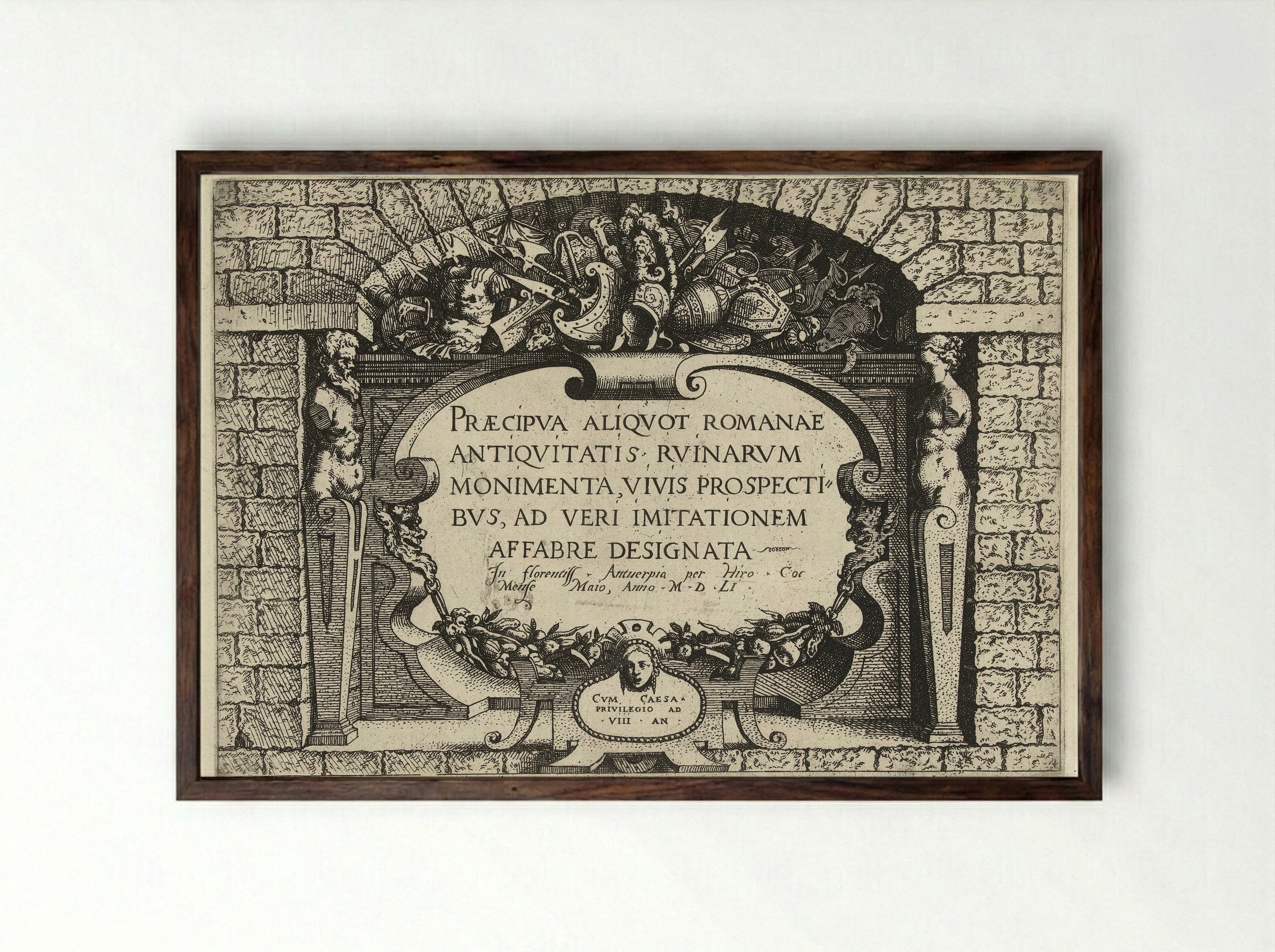 Title Page for a Series of Roman Ruins - Hieronymus Cock - Framed Print Dark Wood