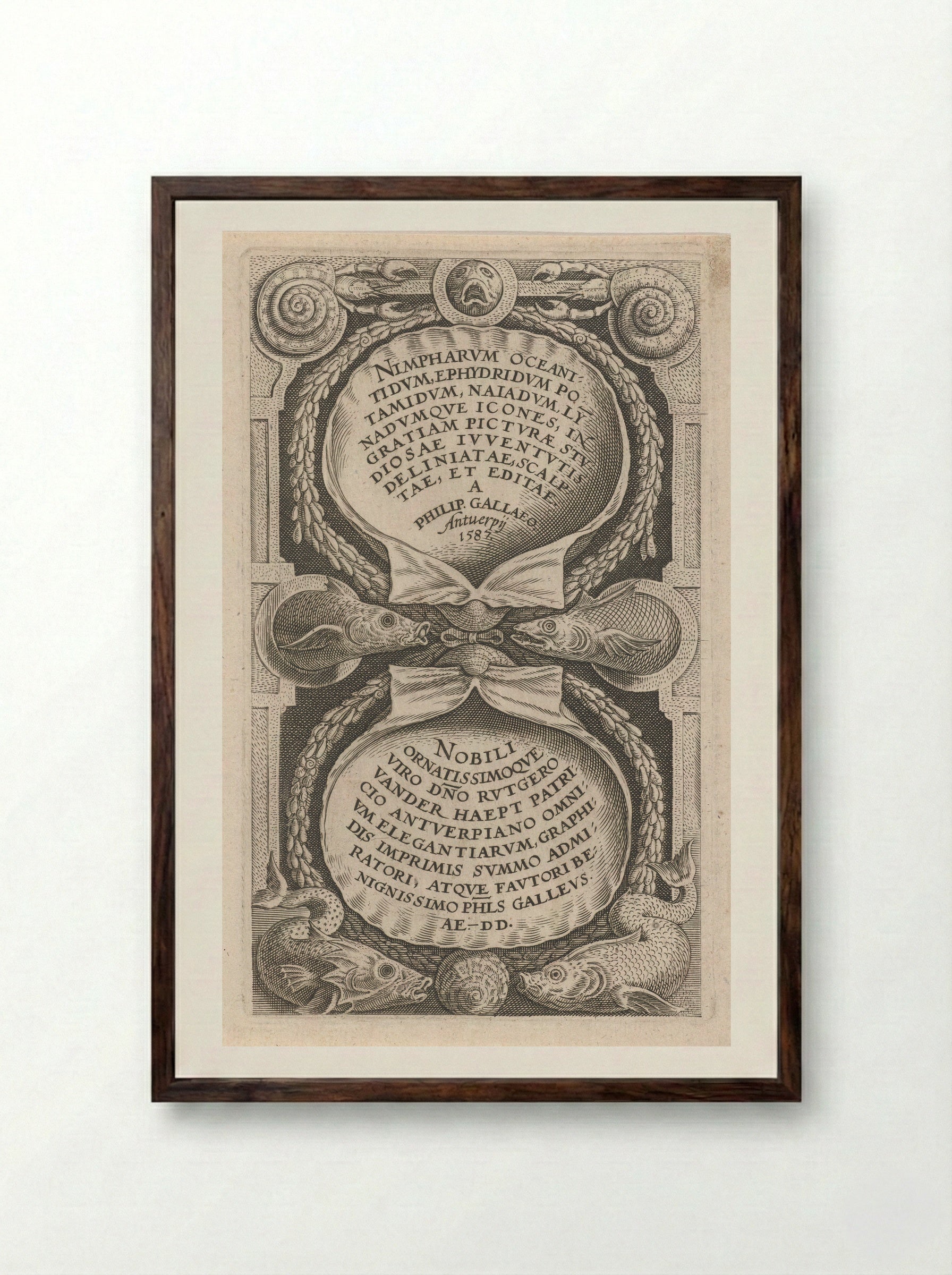 Title Page for a Series of Water Nymphs - Philips Galle - Framed Print Dark Wood