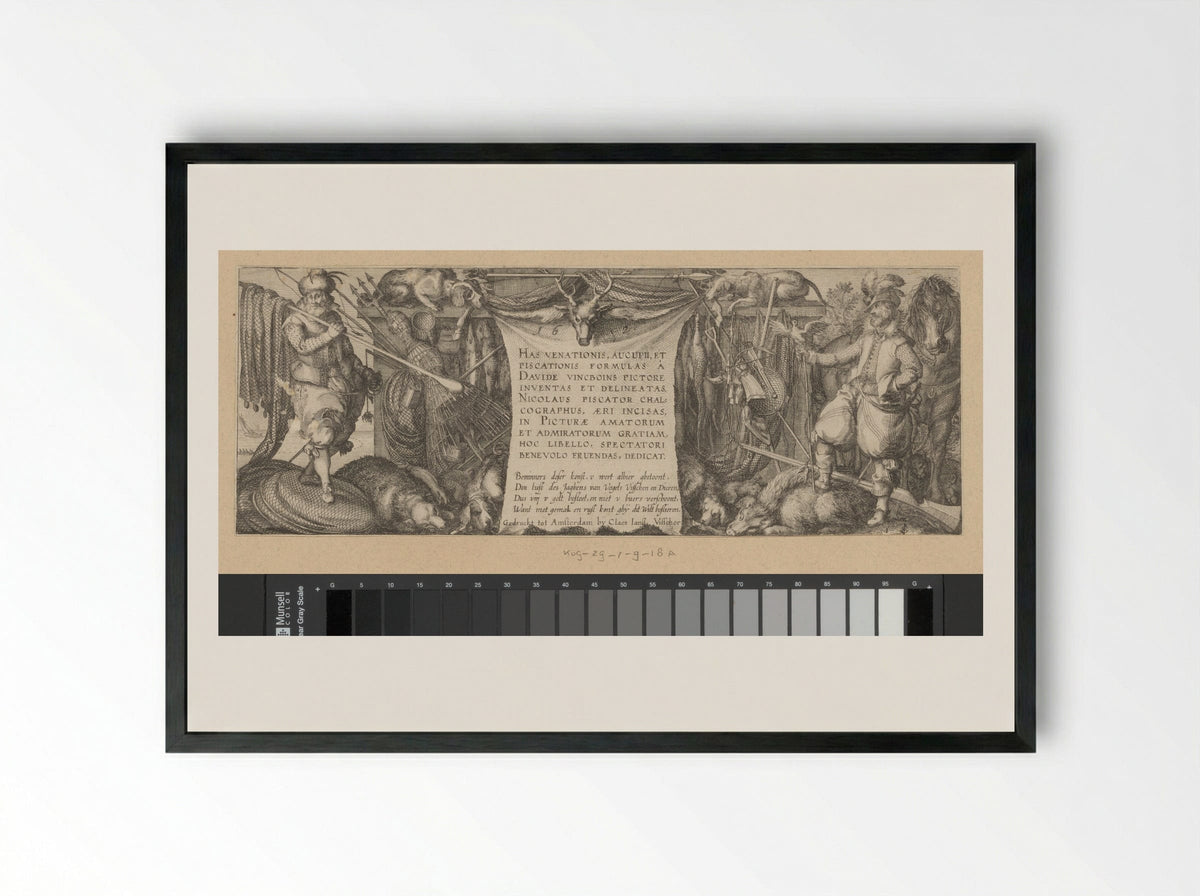 Title Page for a Series on Hunting, Fowling, and Fishing - Claes Jansz. Visscher (II) - Framed Print Black