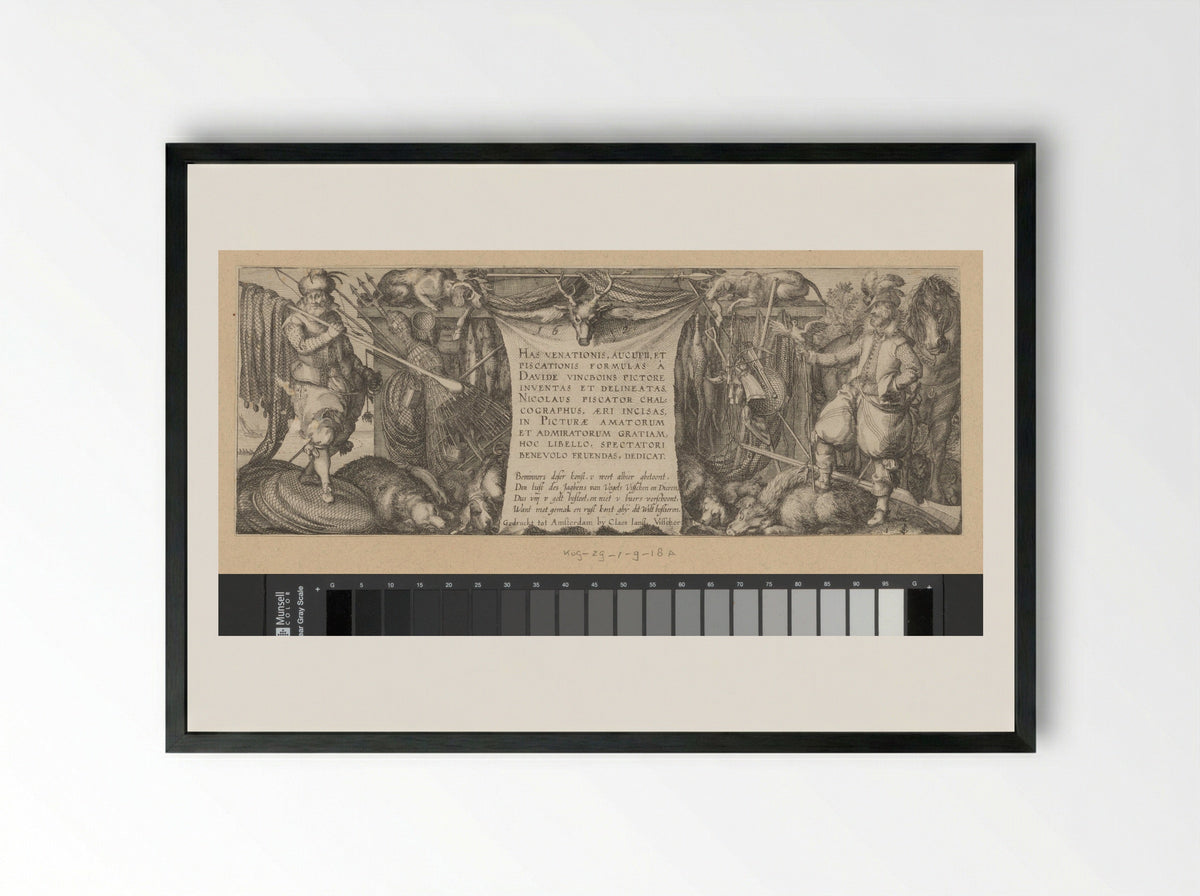 Title Page for a Series on Hunting, Fowling, and Fishing - Claes Jansz. Visscher (II) - Framed Print Black