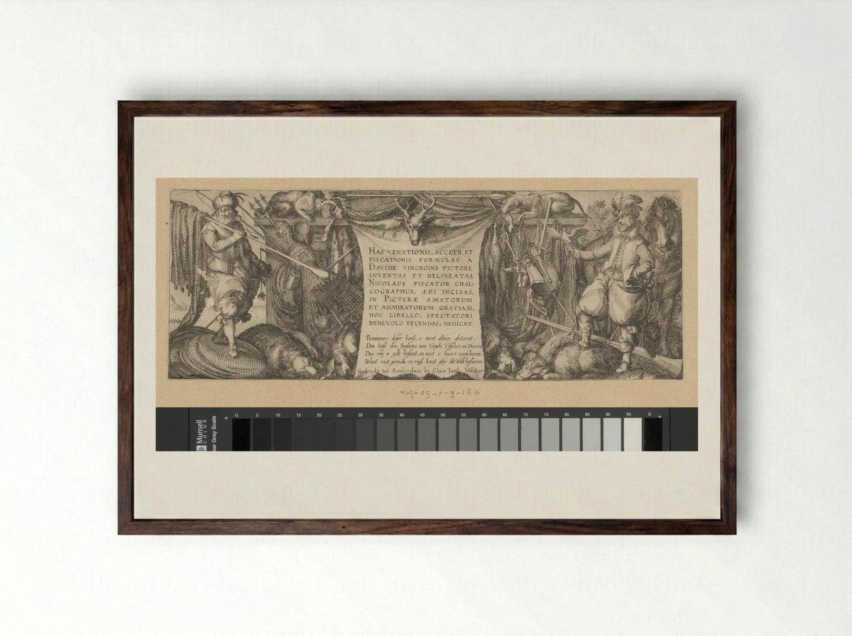 Title Page for a Series on Hunting, Fowling, and Fishing - Claes Jansz. Visscher (II) - Framed Print Dark Wood