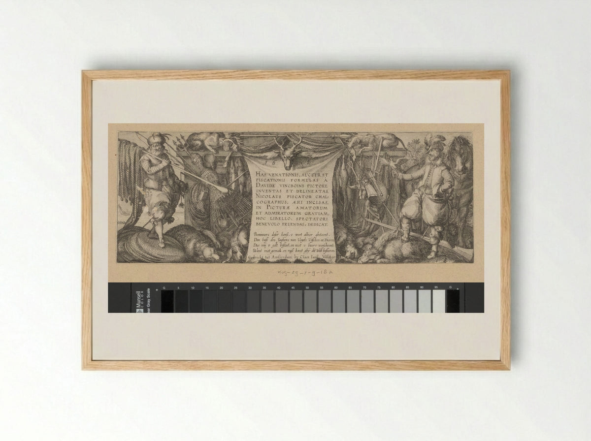 Title Page for a Series on Hunting, Fowling, and Fishing - Claes Jansz. Visscher (II) - Framed Print Wood