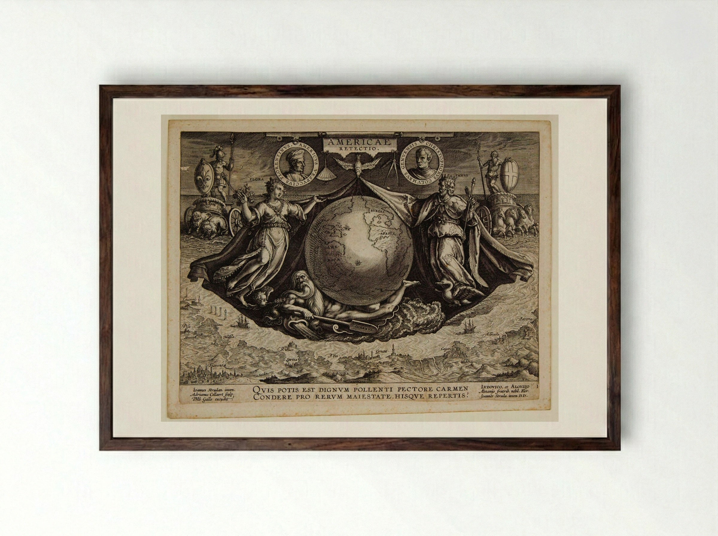 Title Page, with Neptune, Flora, an Image of the Globe, and Portraits of Explorers - Adriaen Collaert - Framed Print Dark Wood