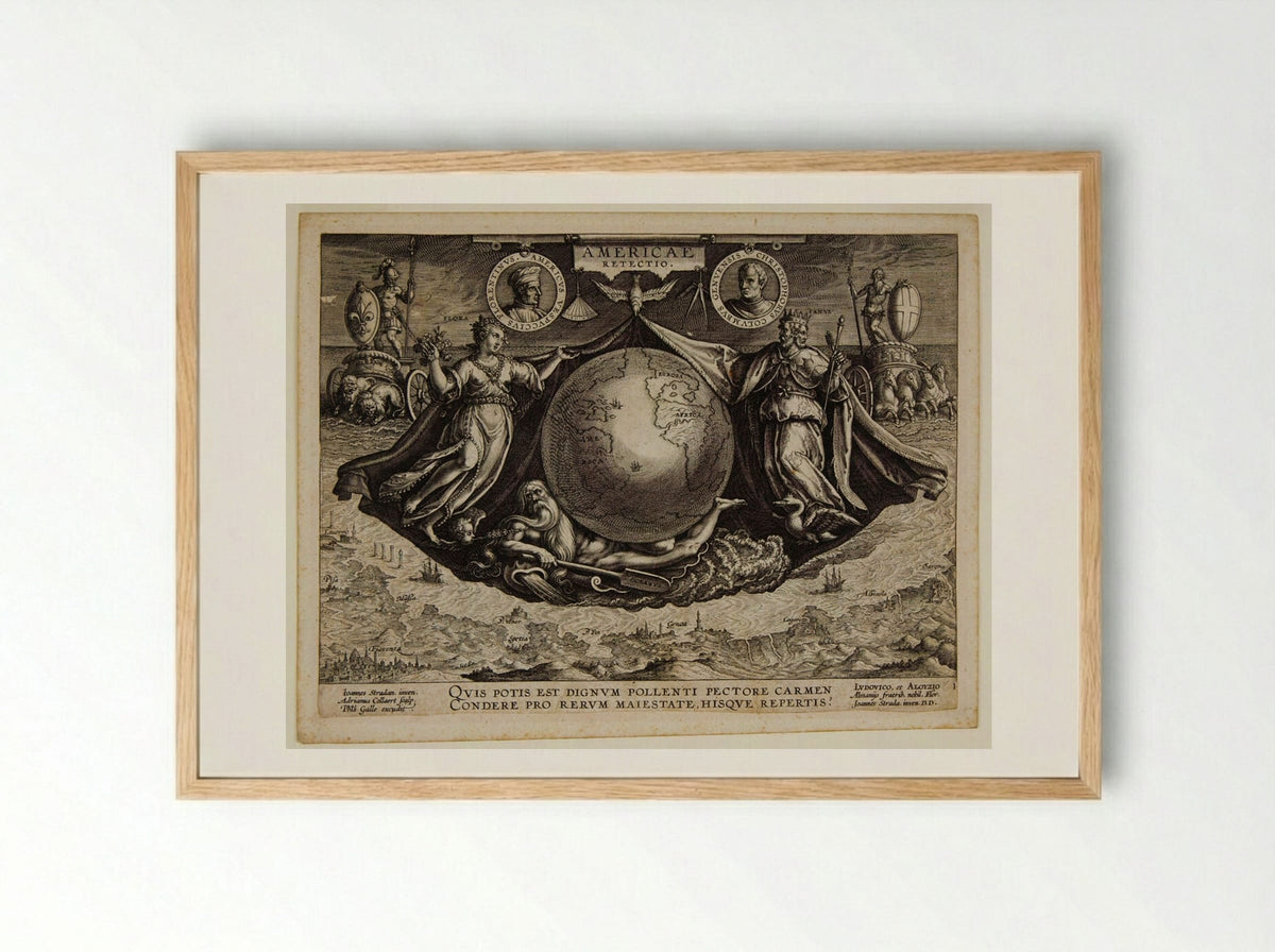 Title Page, with Neptune, Flora, an Image of the Globe, and Portraits of Explorers - Adriaen Collaert - Framed Print Wood