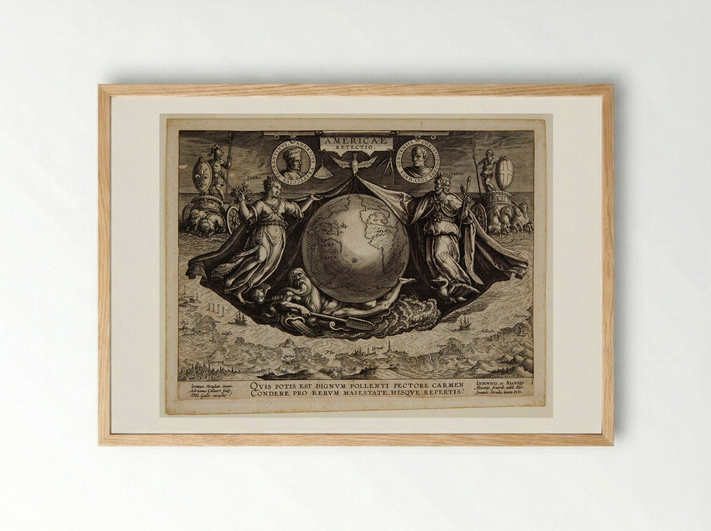 Title Page, with Neptune, Flora, an Image of the Globe, and Portraits of Explorers - Adriaen Collaert - Framed Print Wood