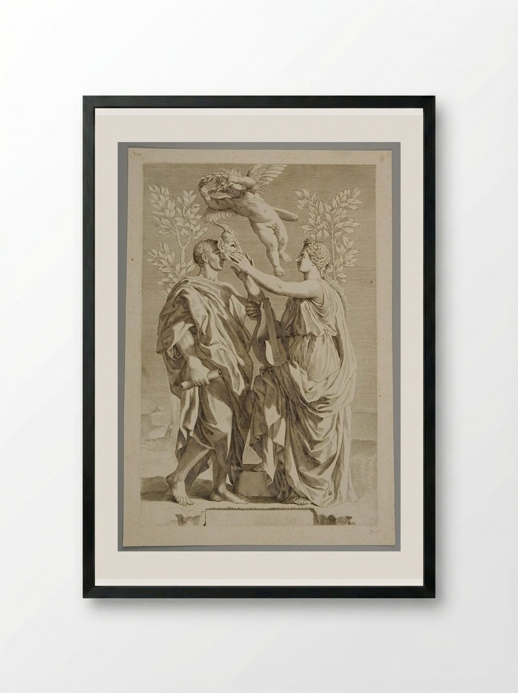 Title Page: The Muse of Poetry Giving the Satyr's Mask to Horace - Claude Mellan - Framed Print Black