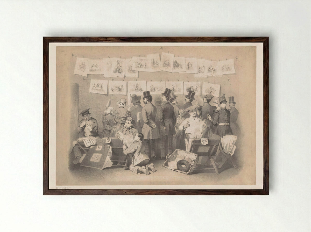 Title Print with Interior of a Print Shop - Victor Jean François Dollet - Framed Print Dark Wood