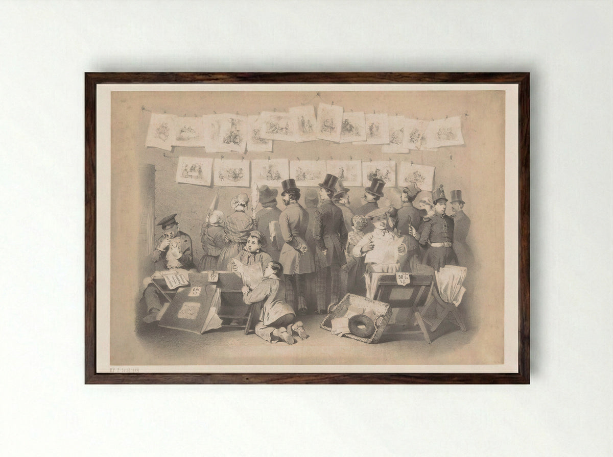 Title Print with Interior of a Print Shop - Victor Jean François Dollet - Framed Print Dark Wood