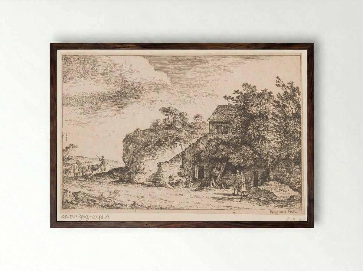 Title Print with Shepherd and Herd near a Farmhouse - Alexis Nicolas Pérignon - Framed Print Dark Wood