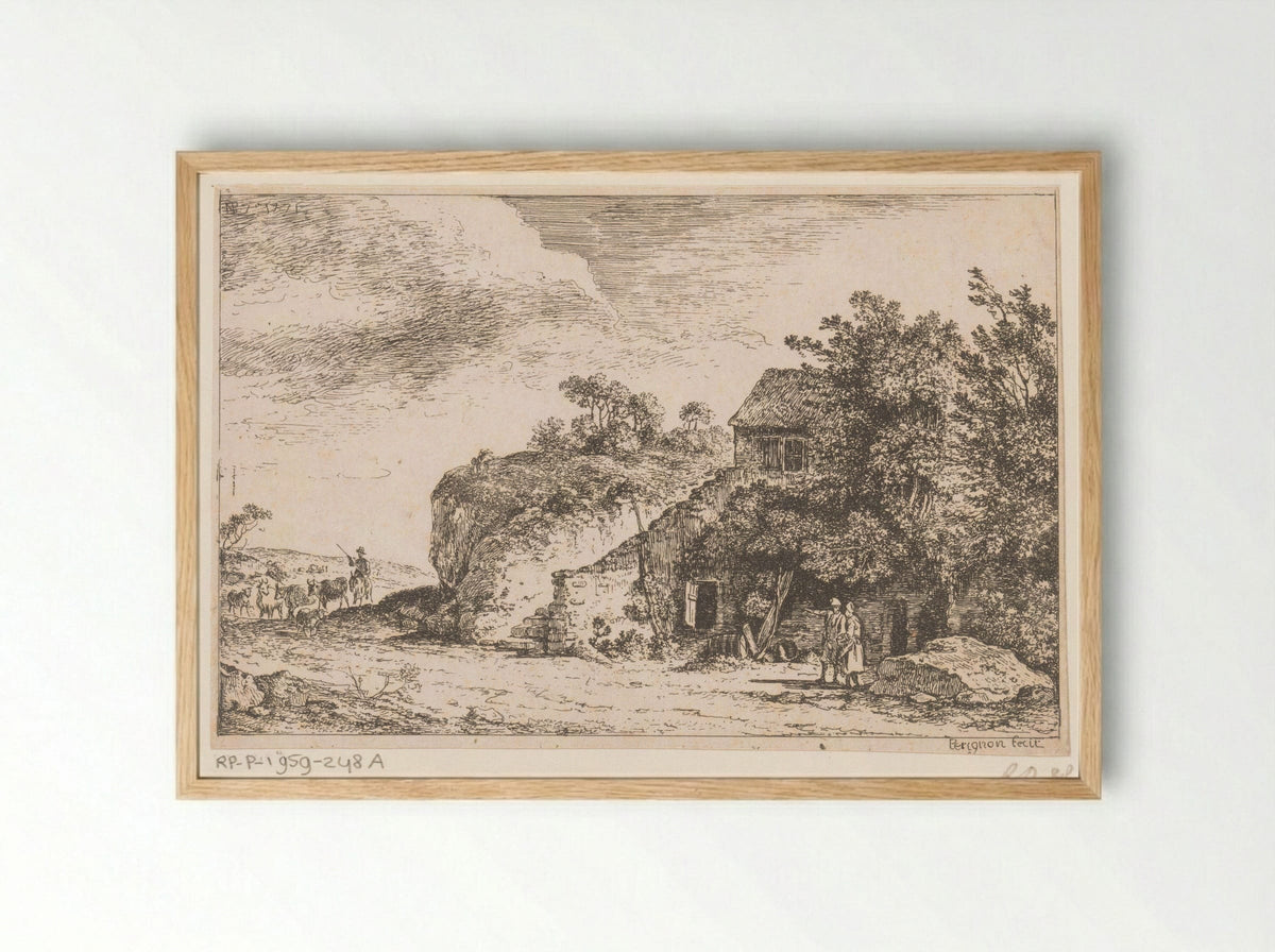Title Print with Shepherd and Herd near a Farmhouse - Alexis Nicolas Pérignon - Framed Print Wood