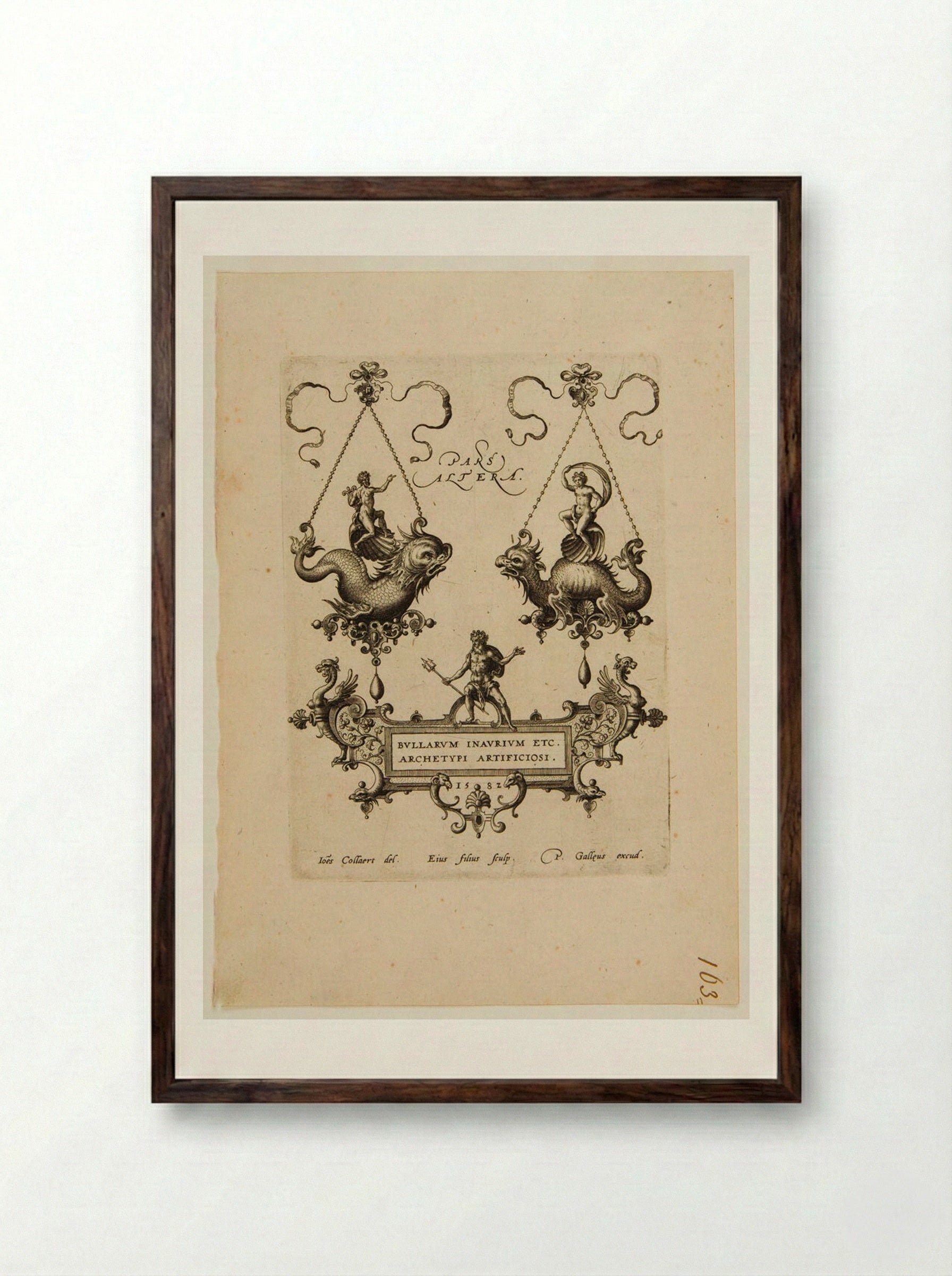 Title-page with Jeweled Pendants in the Form of Sea Monsters, with Apollo, Venus and Neptune - Adriaen Collaert - Framed Print Dark Wood