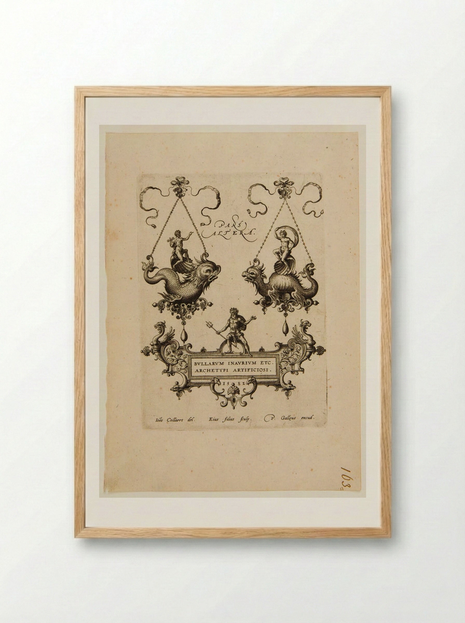 Title-page with Jeweled Pendants in the Form of Sea Monsters, with Apollo, Venus and Neptune - Adriaen Collaert - Framed Print Wood