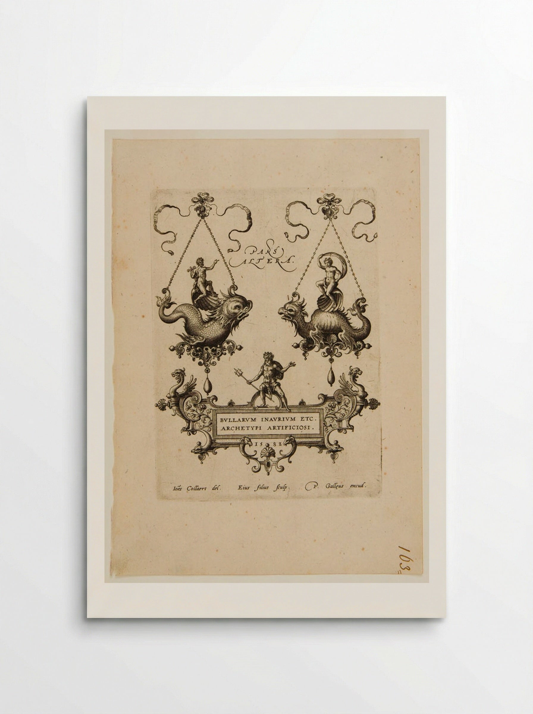 Title-page with Jeweled Pendants in the Form of Sea Monsters, with Apollo, Venus and Neptune - Adriaen Collaert - Poster
