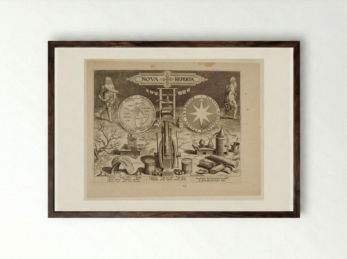 Titlepage, Nova Reperta - Theodoor Galle - Framed Print Dark Wood