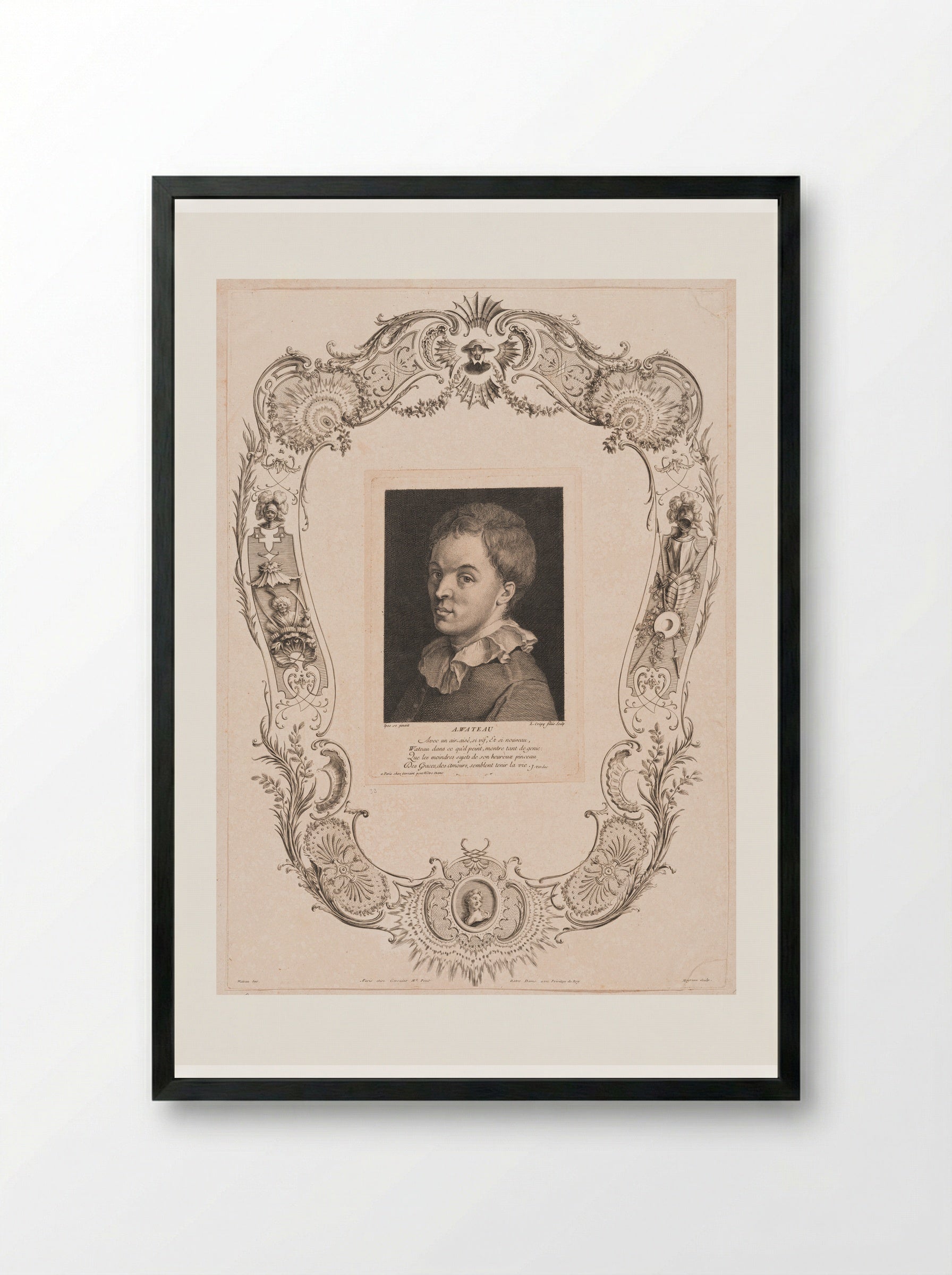Titlepage for Engraved Works, in a Cartouche, Its Motifs Inspired by Don Quixote - Jean Moyreau - Framed Print Black