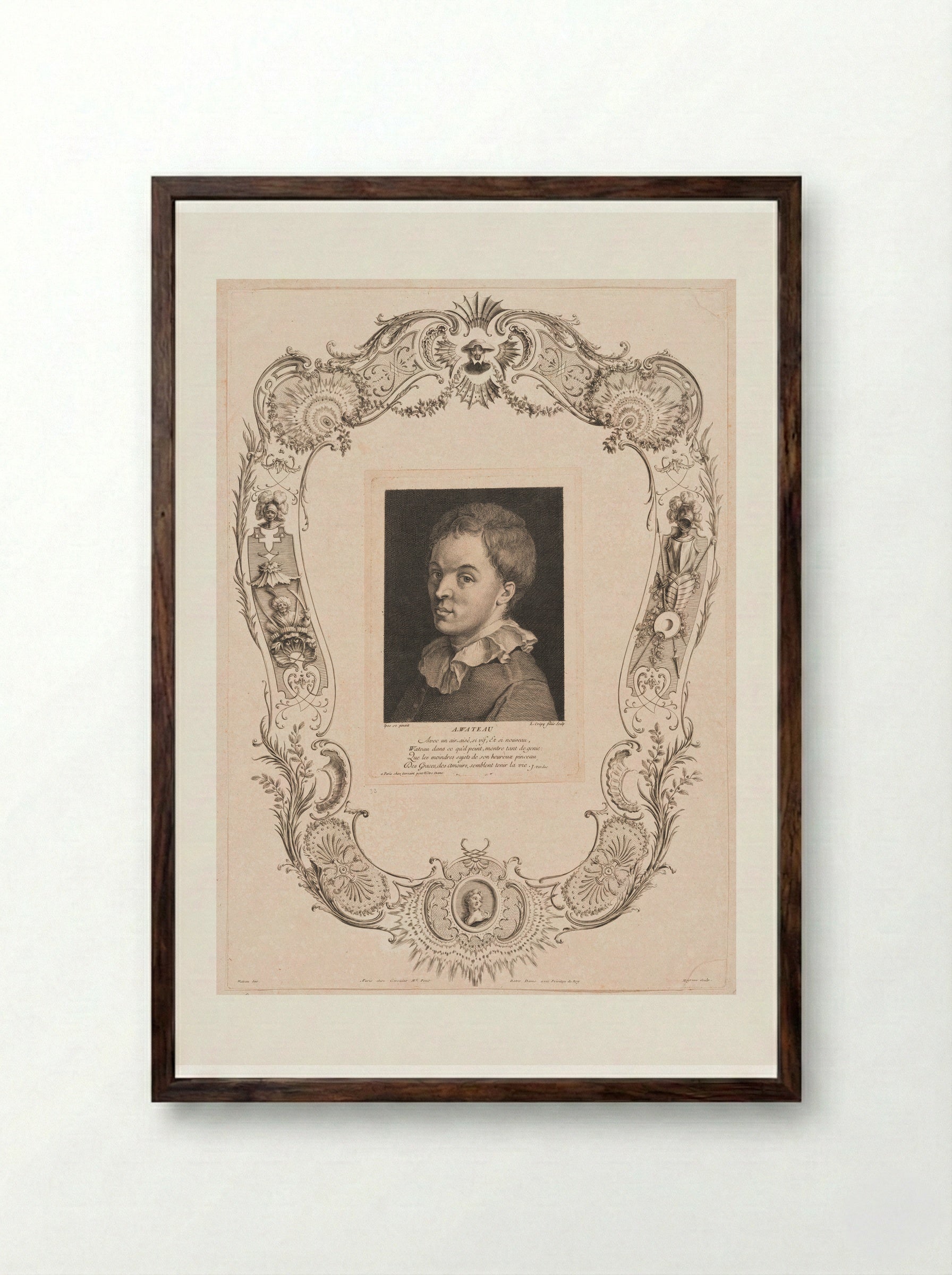 Titlepage for Engraved Works, in a Cartouche, Its Motifs Inspired by Don Quixote - Jean Moyreau - Framed Print Dark Wood