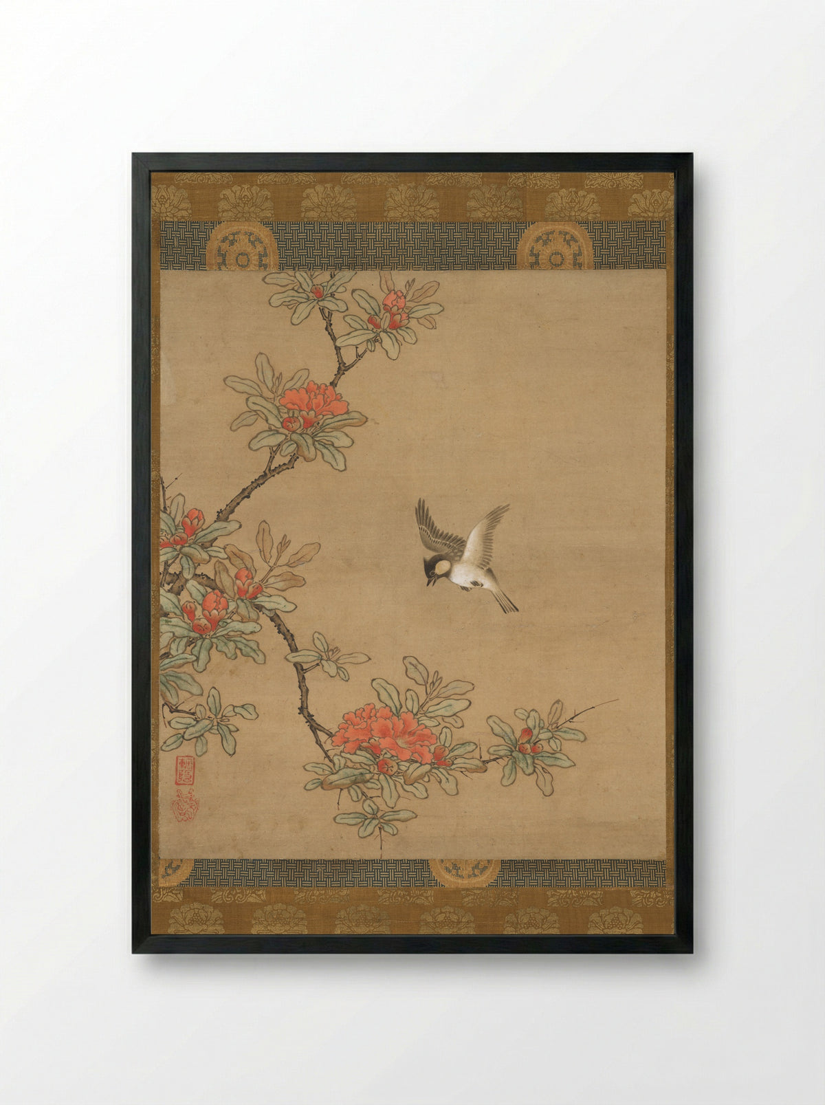 Titmouse with Pomegranate Flowers - Kano Yukinobu - Framed Print Black