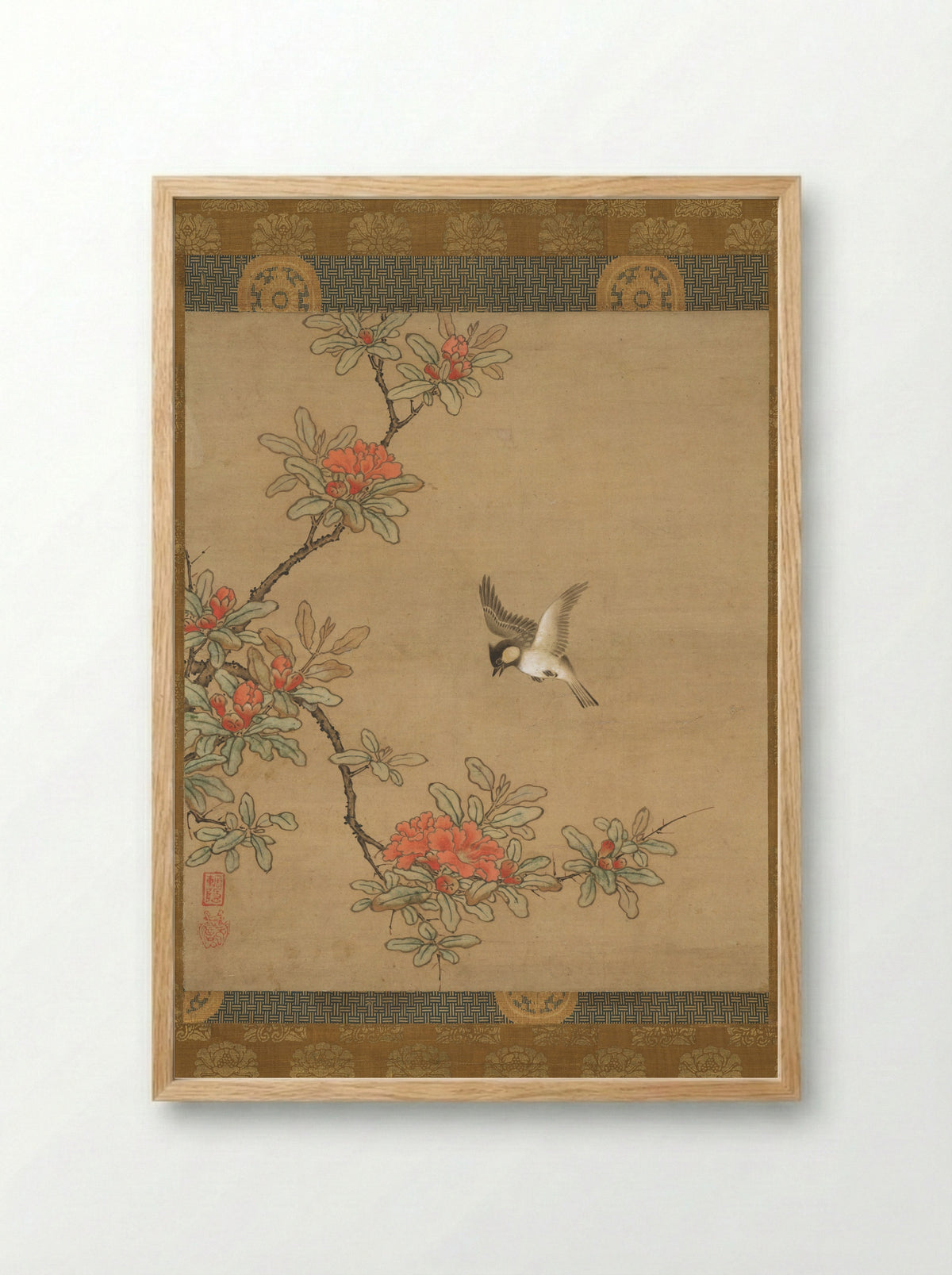Titmouse with Pomegranate Flowers - Kano Yukinobu - Framed Print Wood