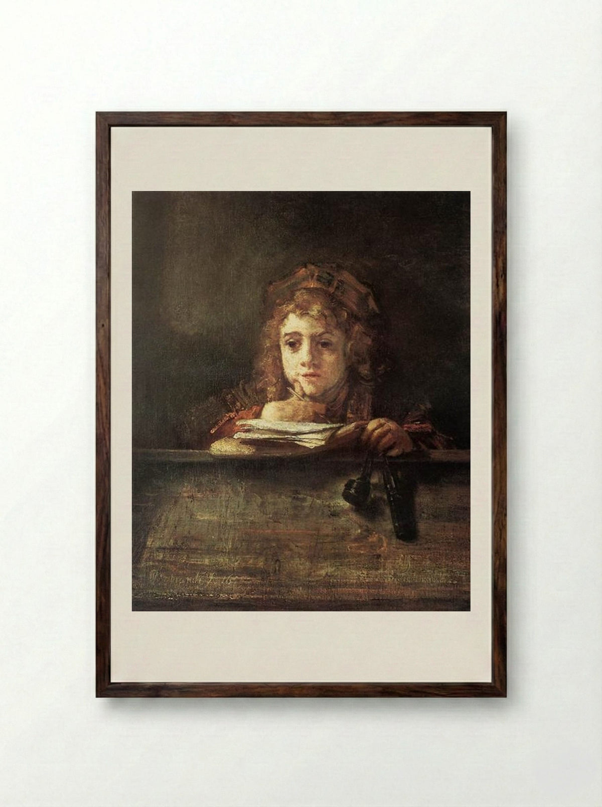 Titus at his Desk - Rembrandt van Rijn - Framed Print Dark Wood