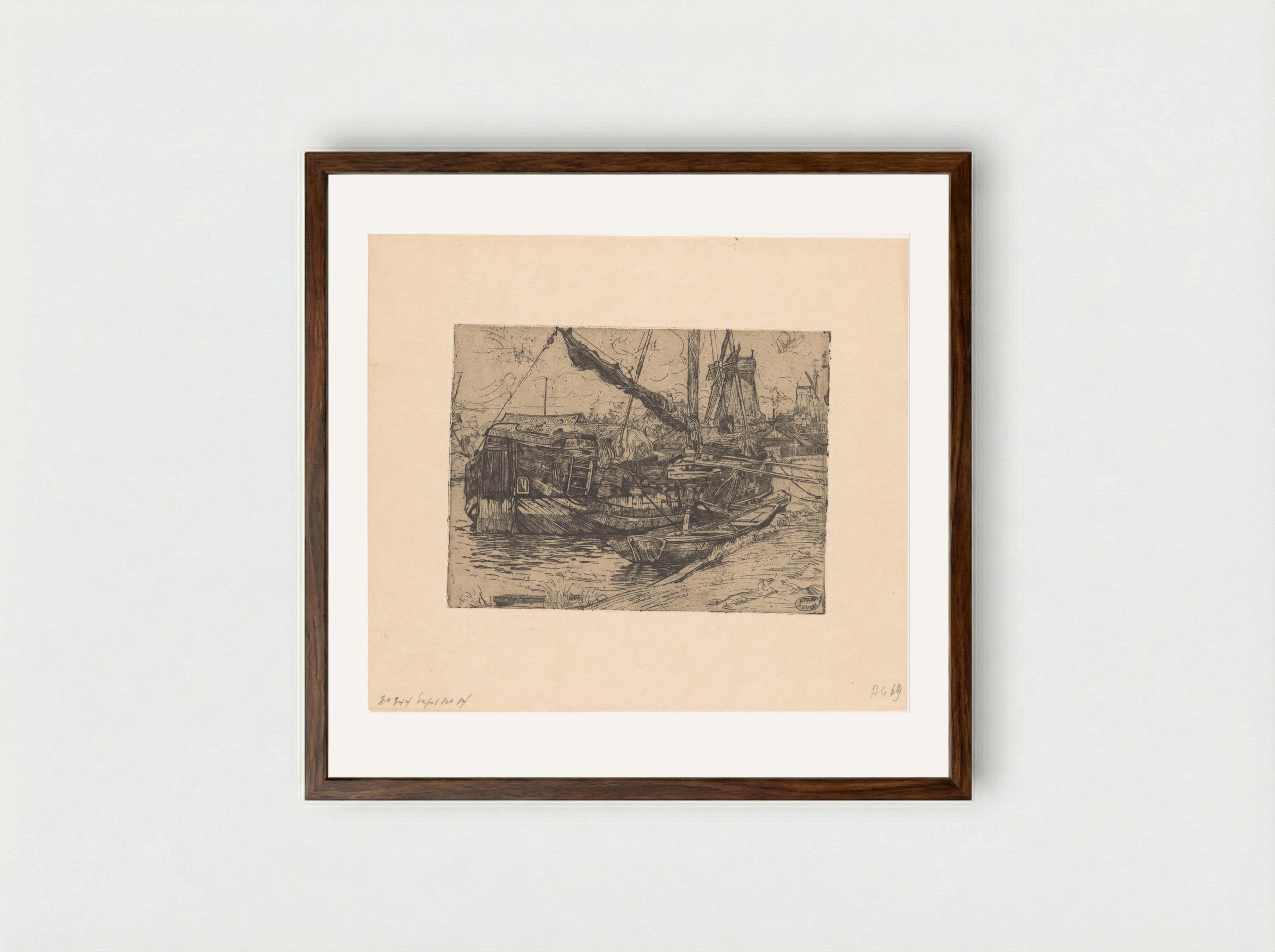 Tjalk in de Baarsjes in Amsterdam - Pieter Dupont - Framed Print Dark Wood
