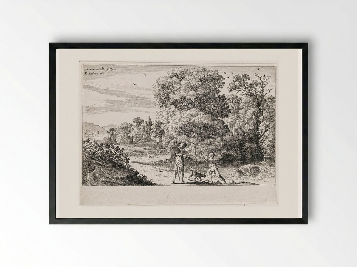 Tobias Frightened by the Fish - Herman van Swanevelt - Framed Print Black
