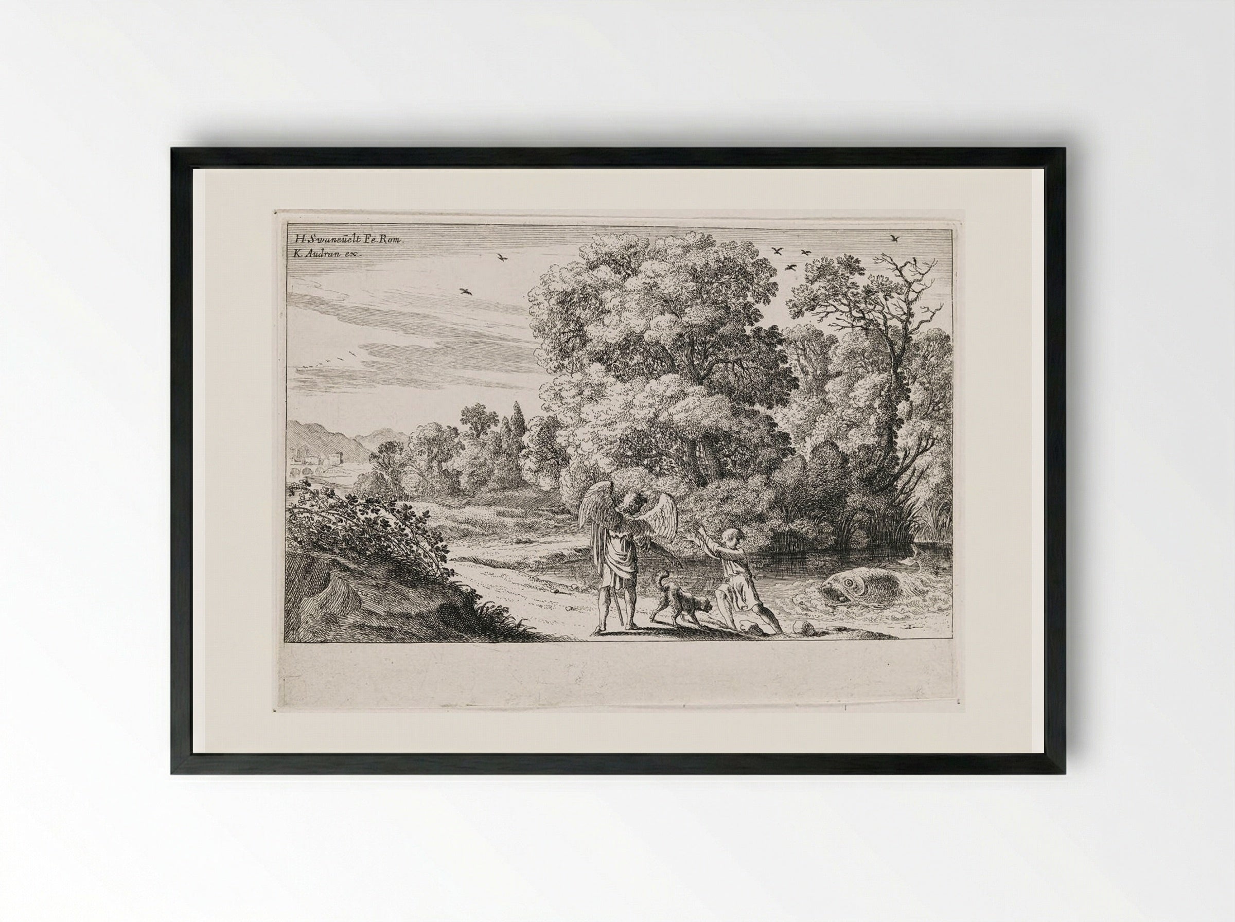 Tobias Frightened by the Fish - Herman van Swanevelt - Framed Print Black
