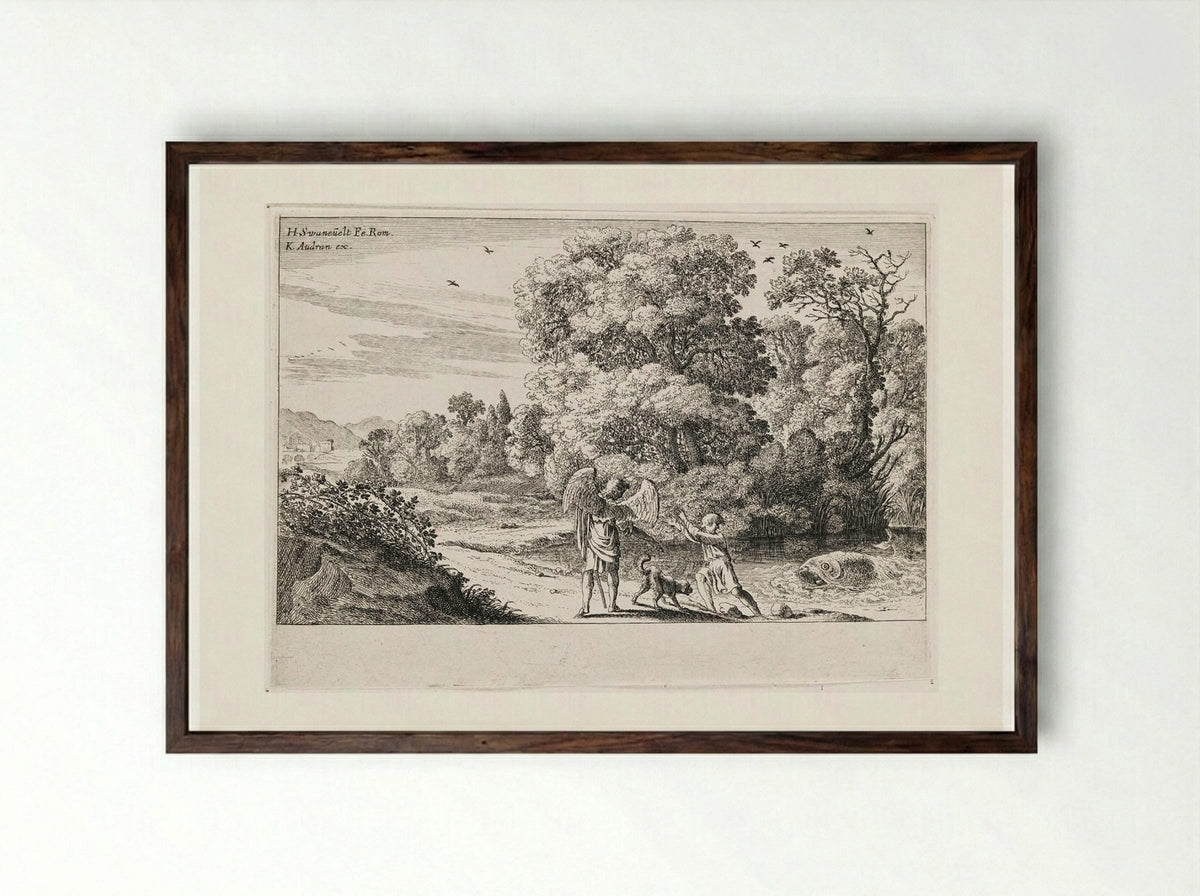 Tobias Frightened by the Fish - Herman van Swanevelt - Framed Print Dark Wood