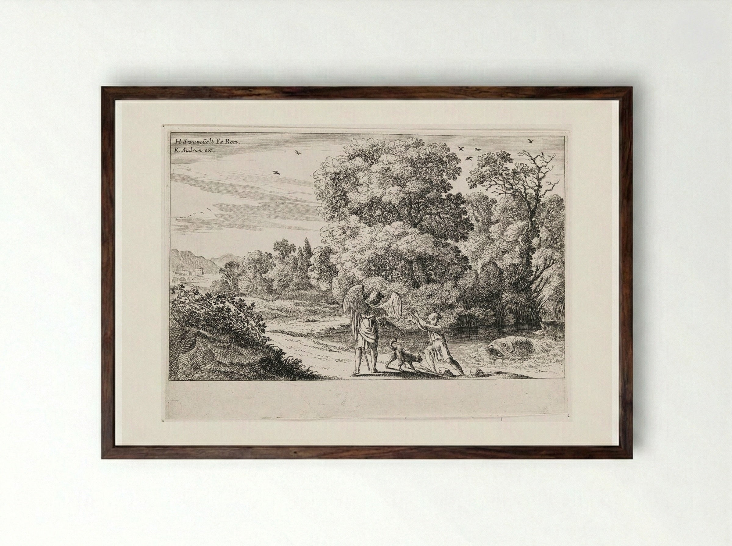 Tobias Frightened by the Fish - Herman van Swanevelt - Framed Print Dark Wood