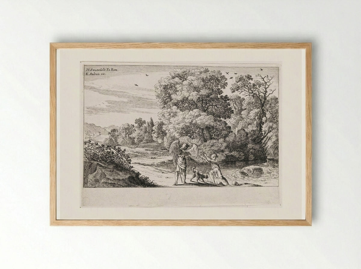 Tobias Frightened by the Fish - Herman van Swanevelt - Framed Print Wood